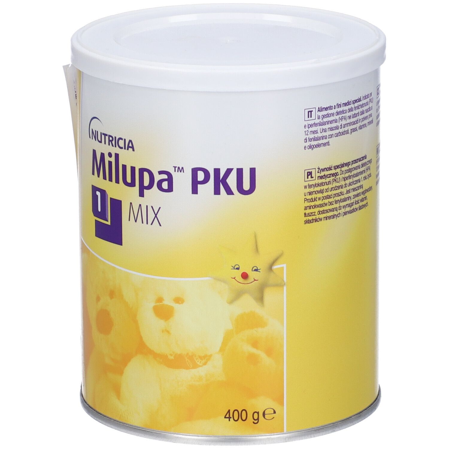 Barattolo rotondo con coperchio. Scritta: Nutricia Milupa PKU 1 MIX. Sfondo giallo con orsetti. 400g.