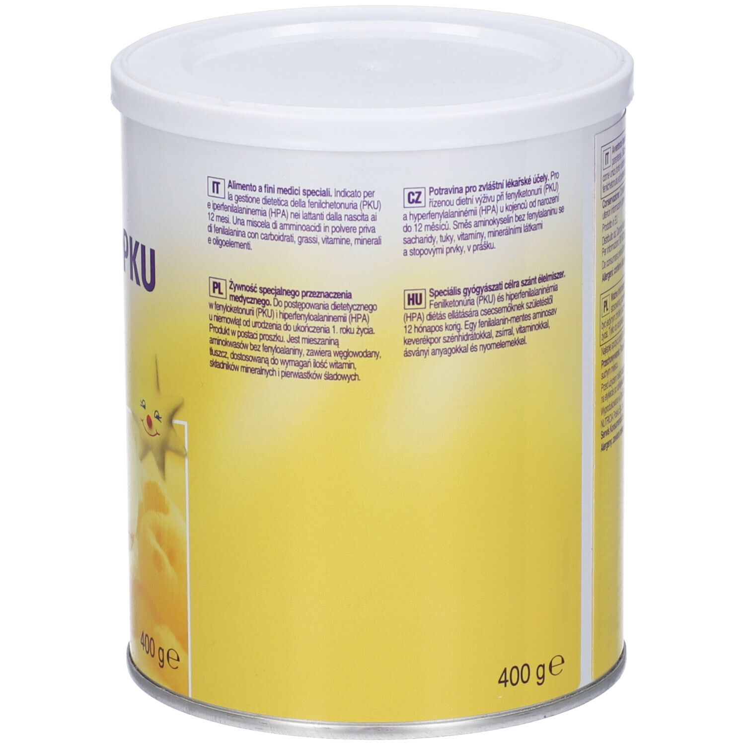 Retro del barattolo. Testo in diverse lingue. 400g. Scritta: Milupa PKU 1 MIX.