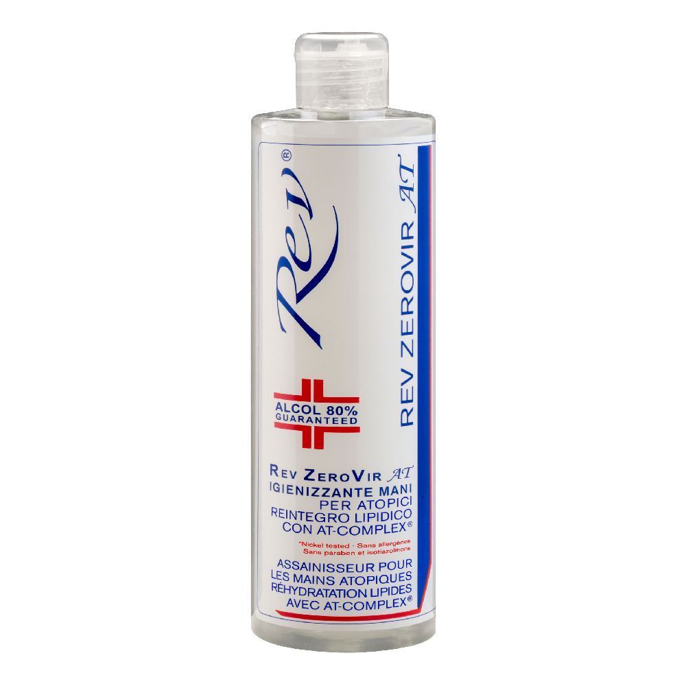 Flacone con etichetta bianca. Scritta: Rev, Alcool 80% Guaranteed, Rev Zerovir AT. Liquido trasparente.
