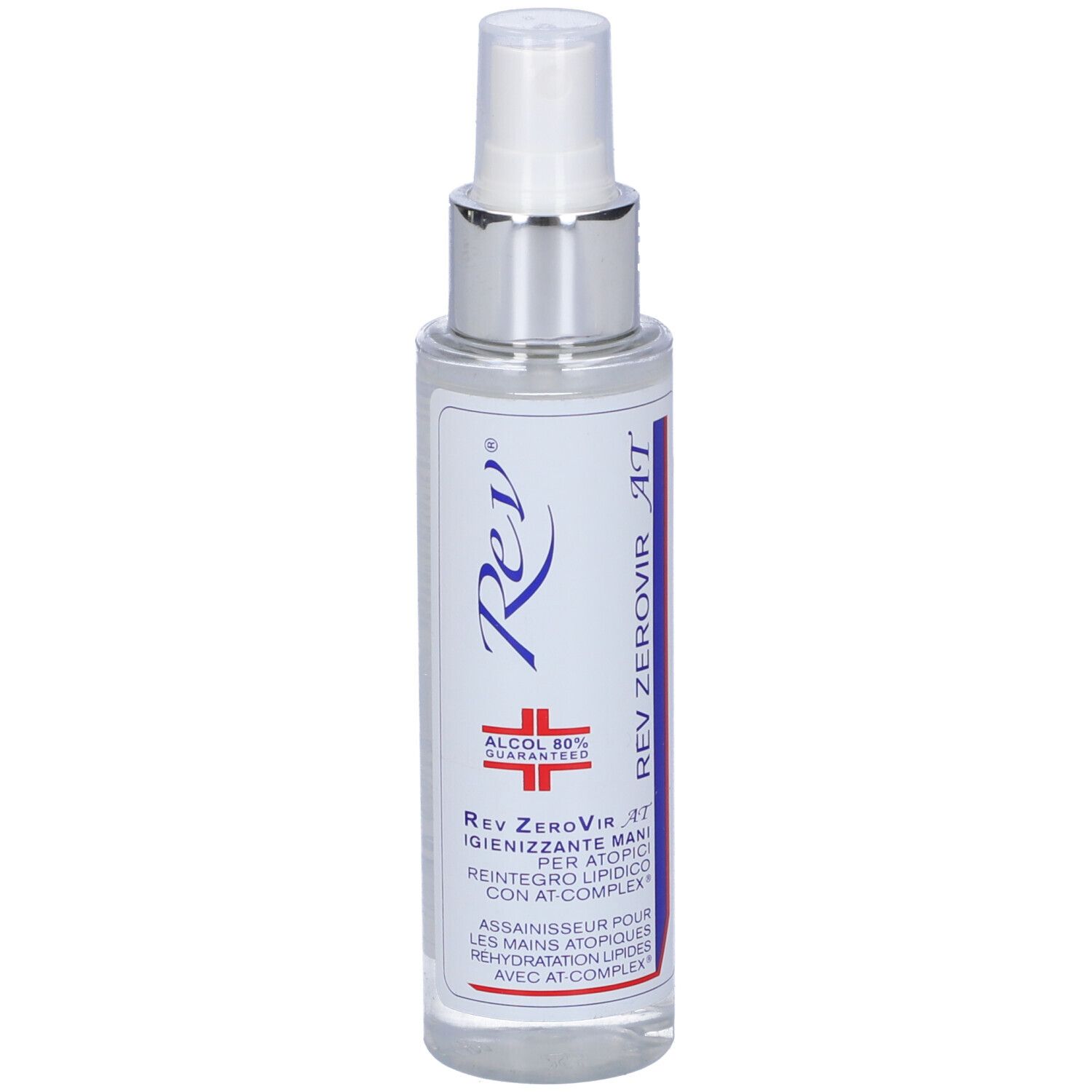 Flacone spray con etichetta bianca. Scritta: Rev, Alcool 80% Guaranteed, Rev Zerovir AT. Liquido trasparente.