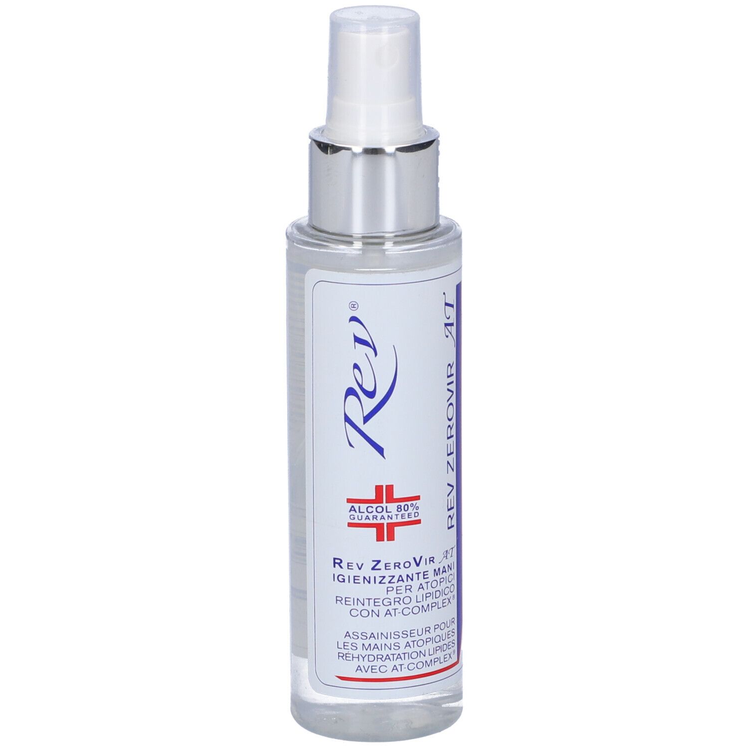 Flacone spray con etichetta bianca. Scritta: Rev, Alcool 80% Guaranteed, Rev Zerovir AT. Liquido trasparente.