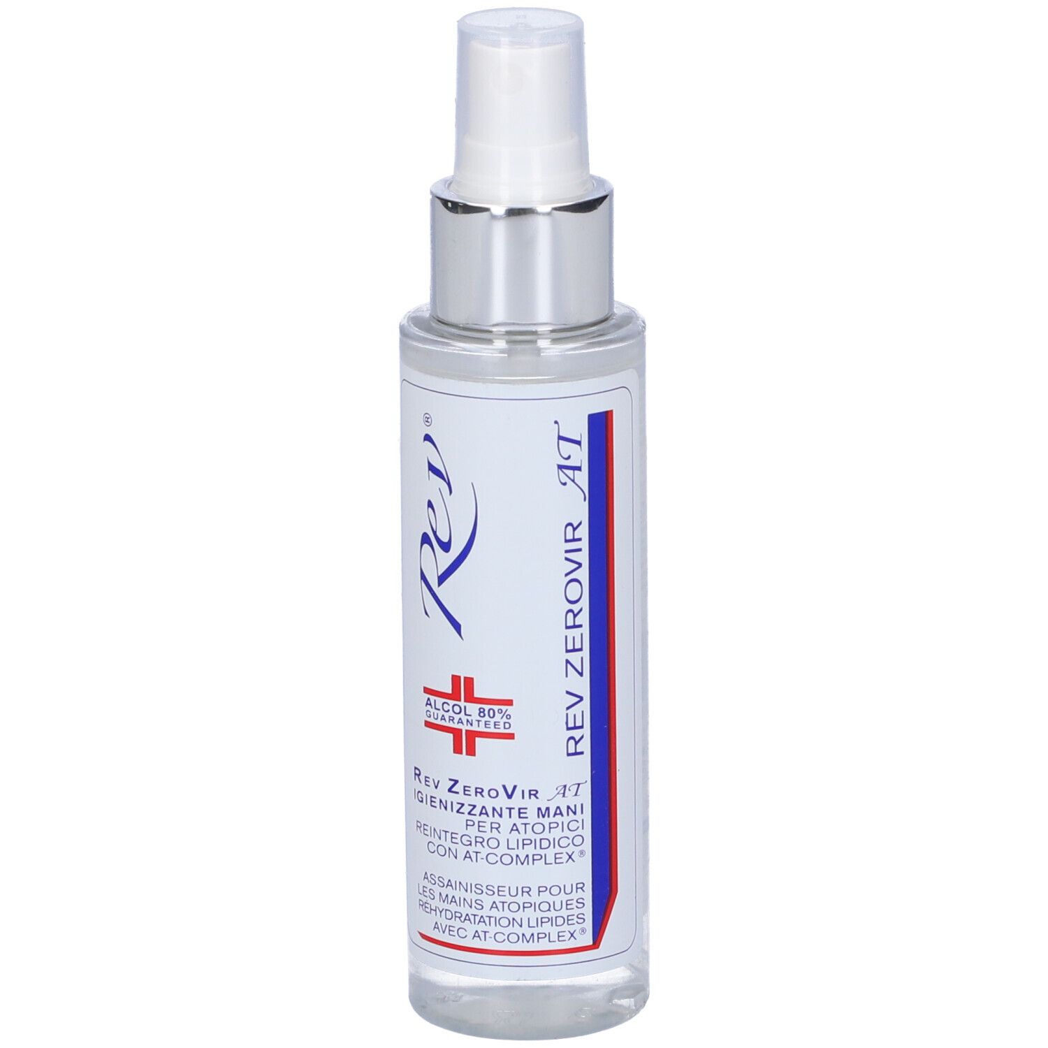 Flacone spray con etichetta bianca. Scritta: Rev, Alcool 80% Guaranteed, Rev Zerovir AT. Liquido trasparente.