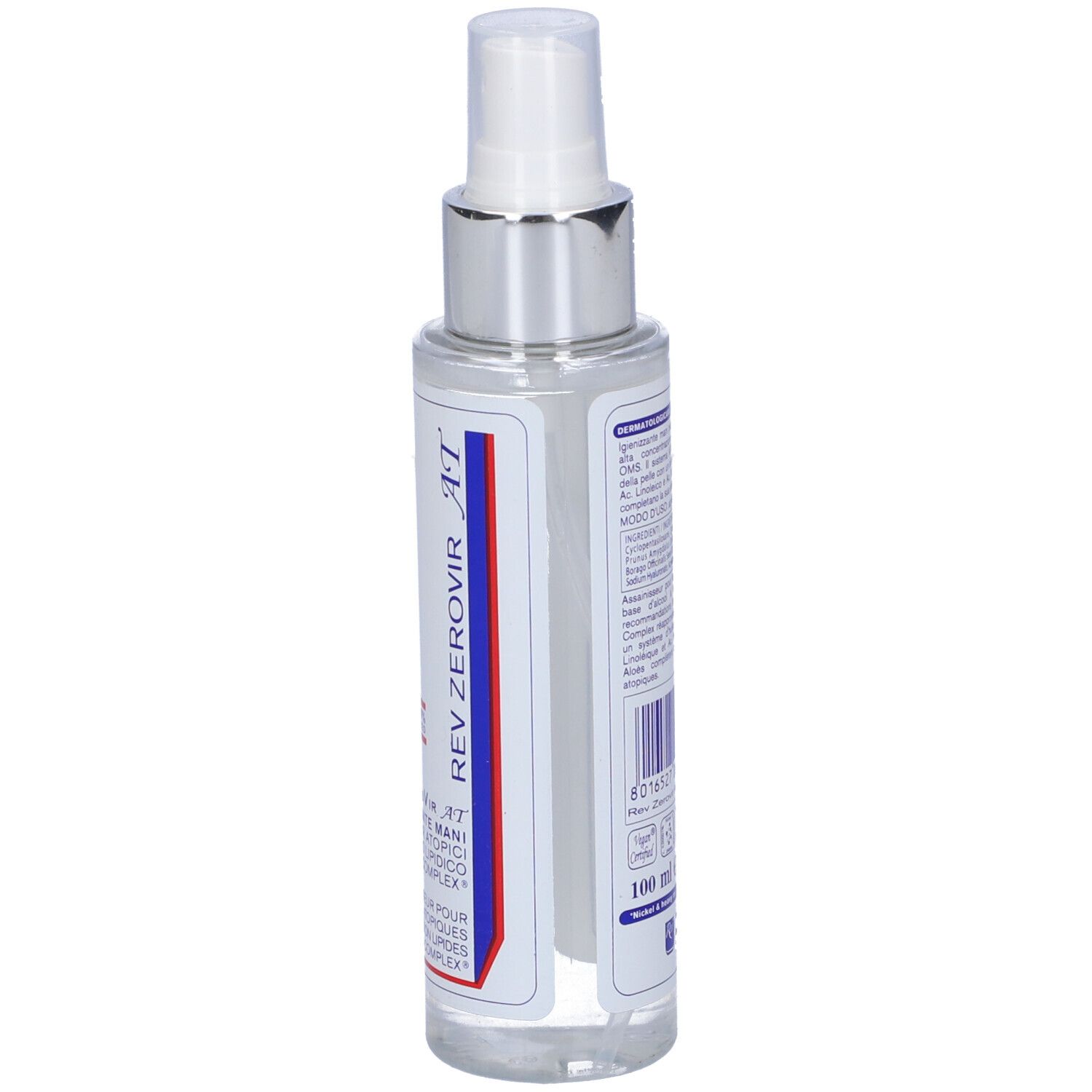 Flacone spray, retro. Etichetta bianca con testo. Liquido trasparente. Testina spray argentata.