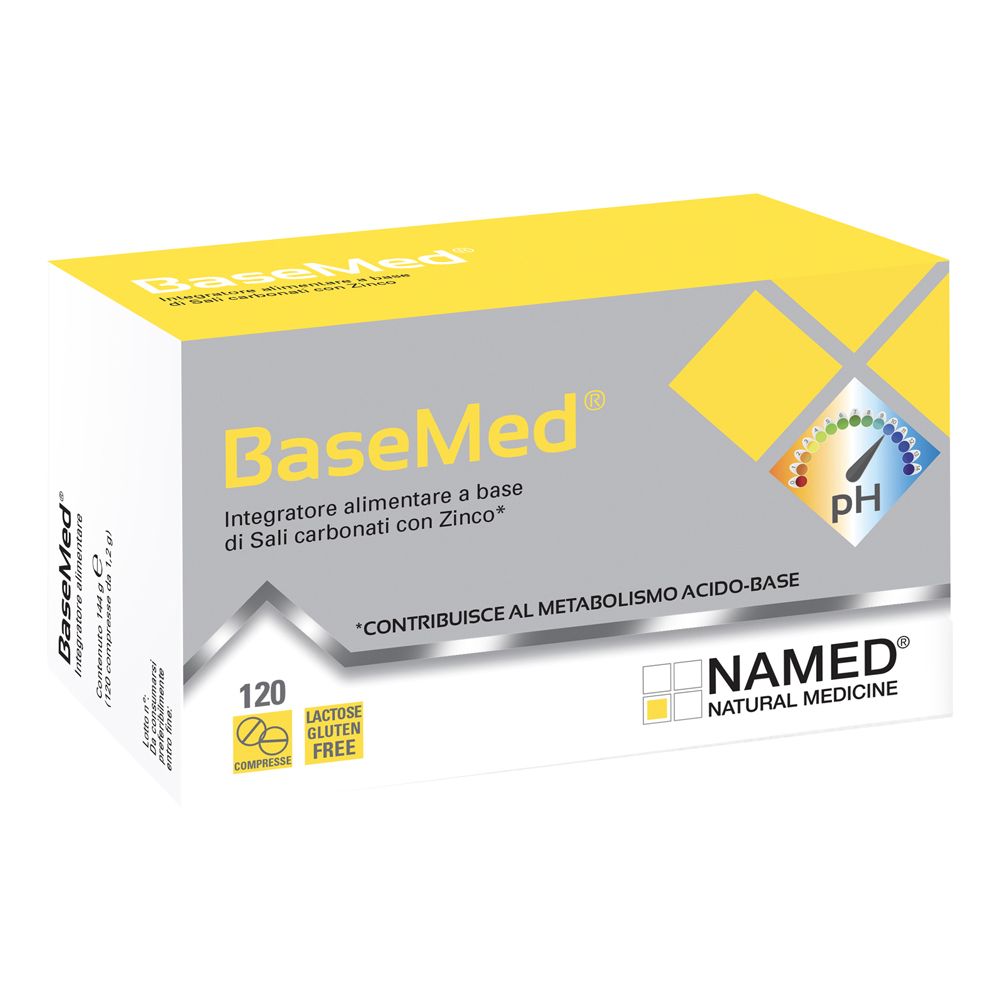 Scatola gialla e grigia con logo "BaseMed" e testo. Contiene 120 compresse, senza lattosio e glutine. Indicatore pH.