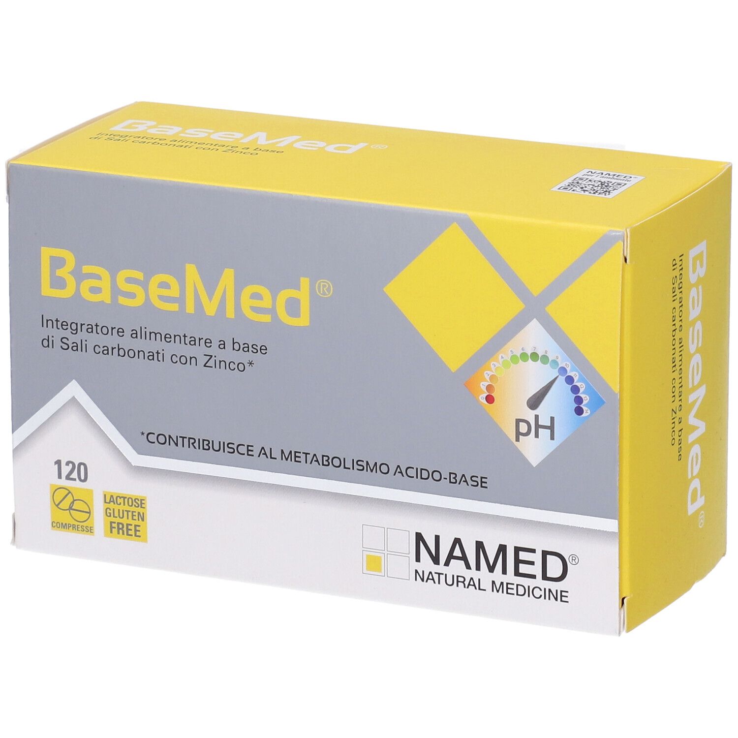 Scatola gialla e grigia con logo "BaseMed" e testo. Contiene 120 compresse, senza lattosio e glutine. Indicatore pH.