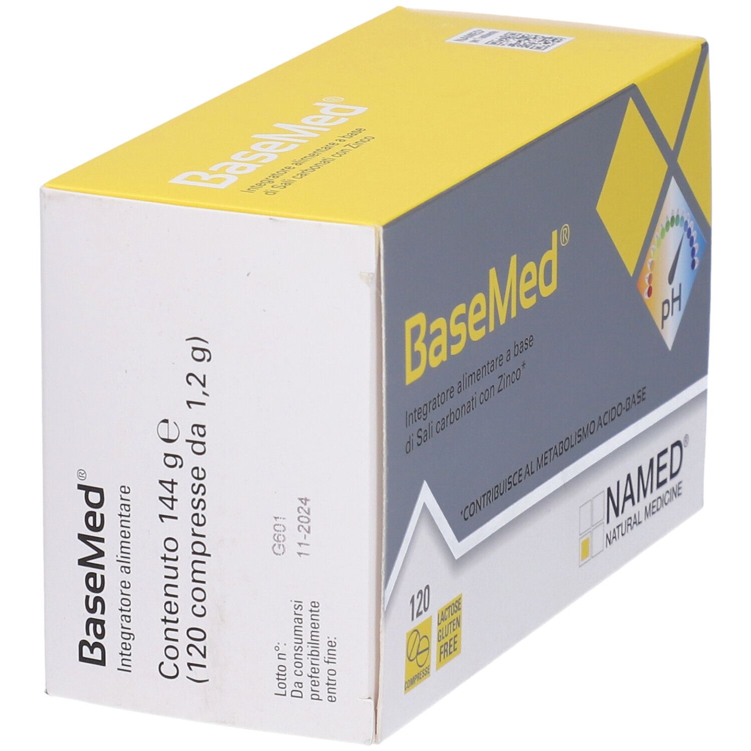 Scatola con logo "BaseMed" e testo. Contiene 120 compresse, senza lattosio e glutine. Indicatore pH. Giallo e grigio.