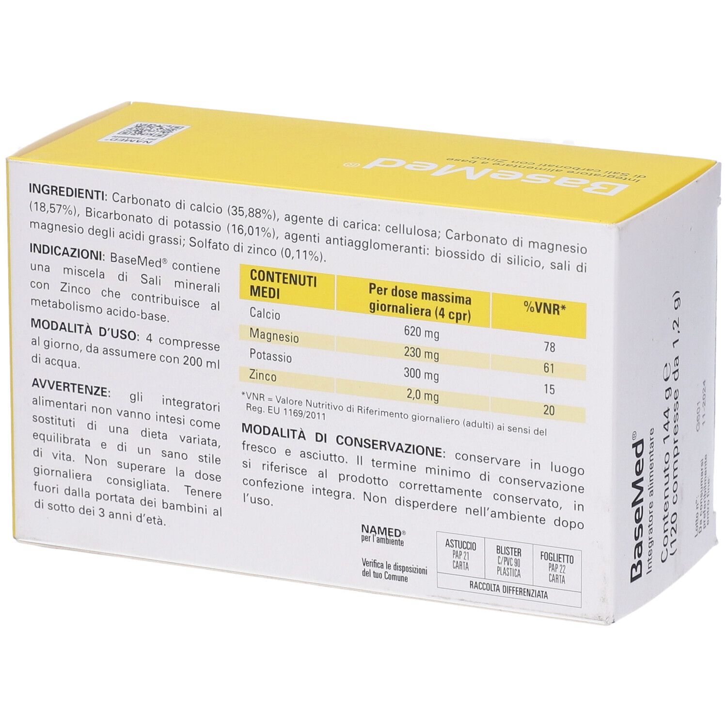 Retro della scatola "BaseMed". Contiene ingredienti, informazioni nutrizionali e istruzioni. Giallo e grigio.