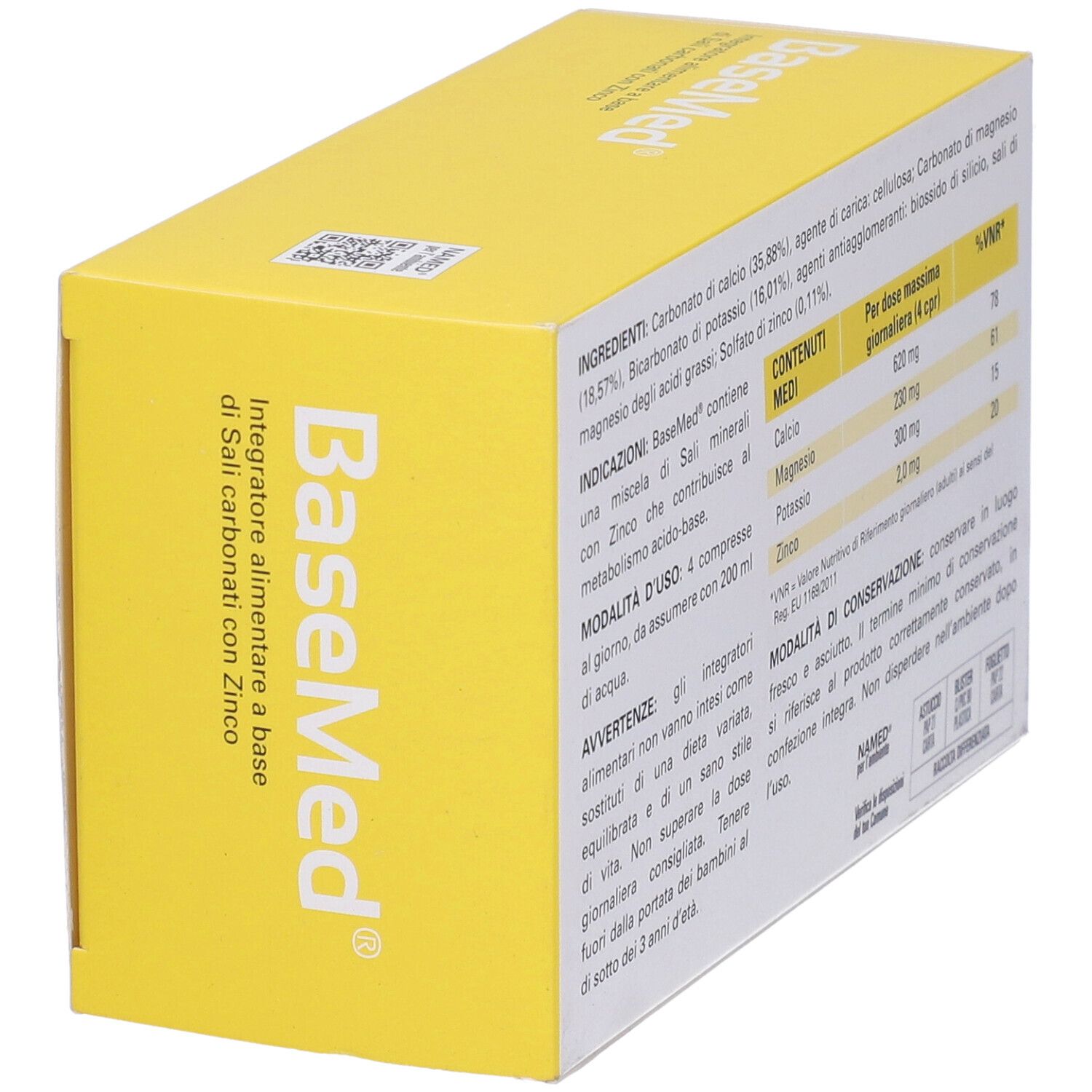 Scatola con logo "BaseMed" e testo. Contiene ingredienti, informazioni nutrizionali e istruzioni. Giallo e grigio.