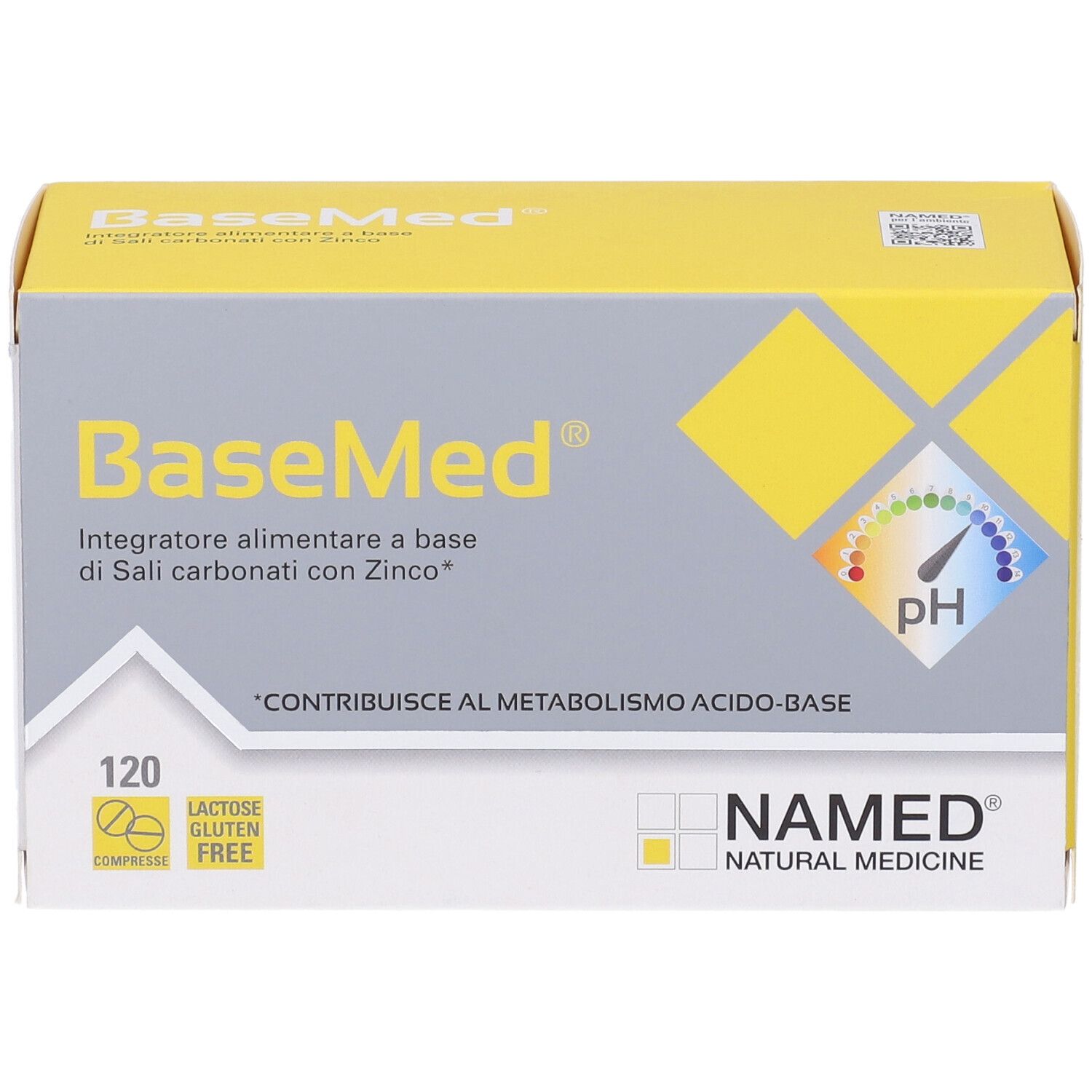 Scatola gialla e grigia con logo "BaseMed" e testo. Contiene 120 compresse, senza lattosio e glutine. Indicatore pH.