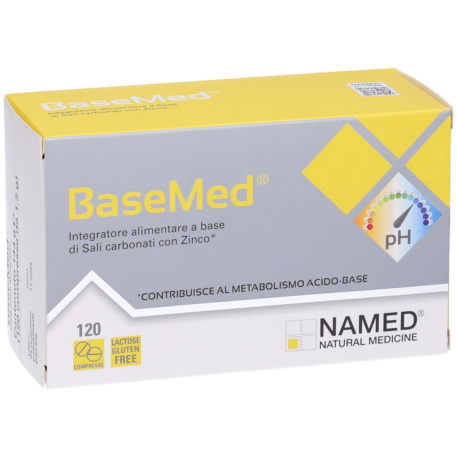 Scatola gialla e grigia con logo "BaseMed" e testo. Contiene 120 compresse, senza lattosio e glutine. Indicatore pH.