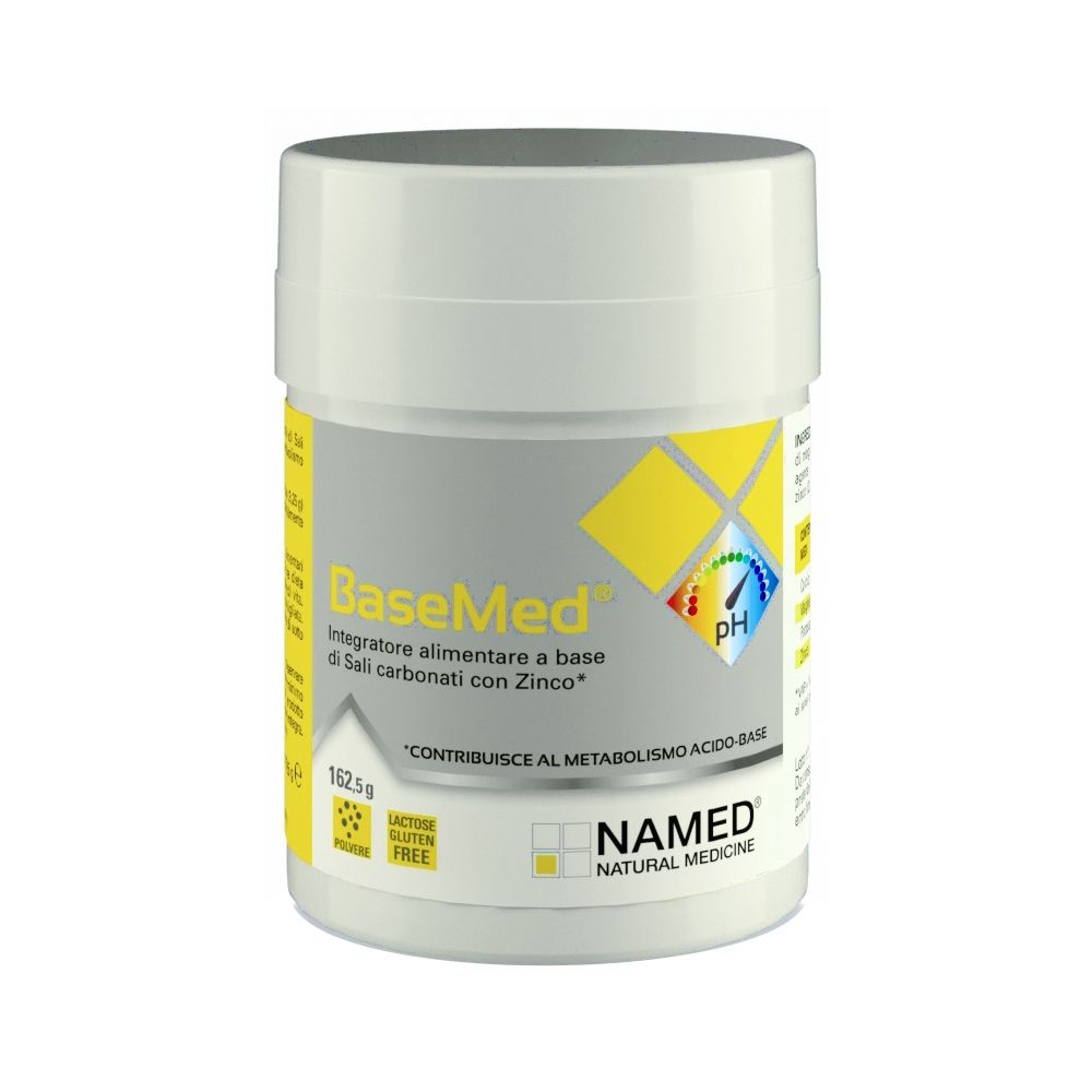 Récipient blanc avec "BaseMed". Complément alimentaire en poudre. Logo "NAMED" en bas à droite.