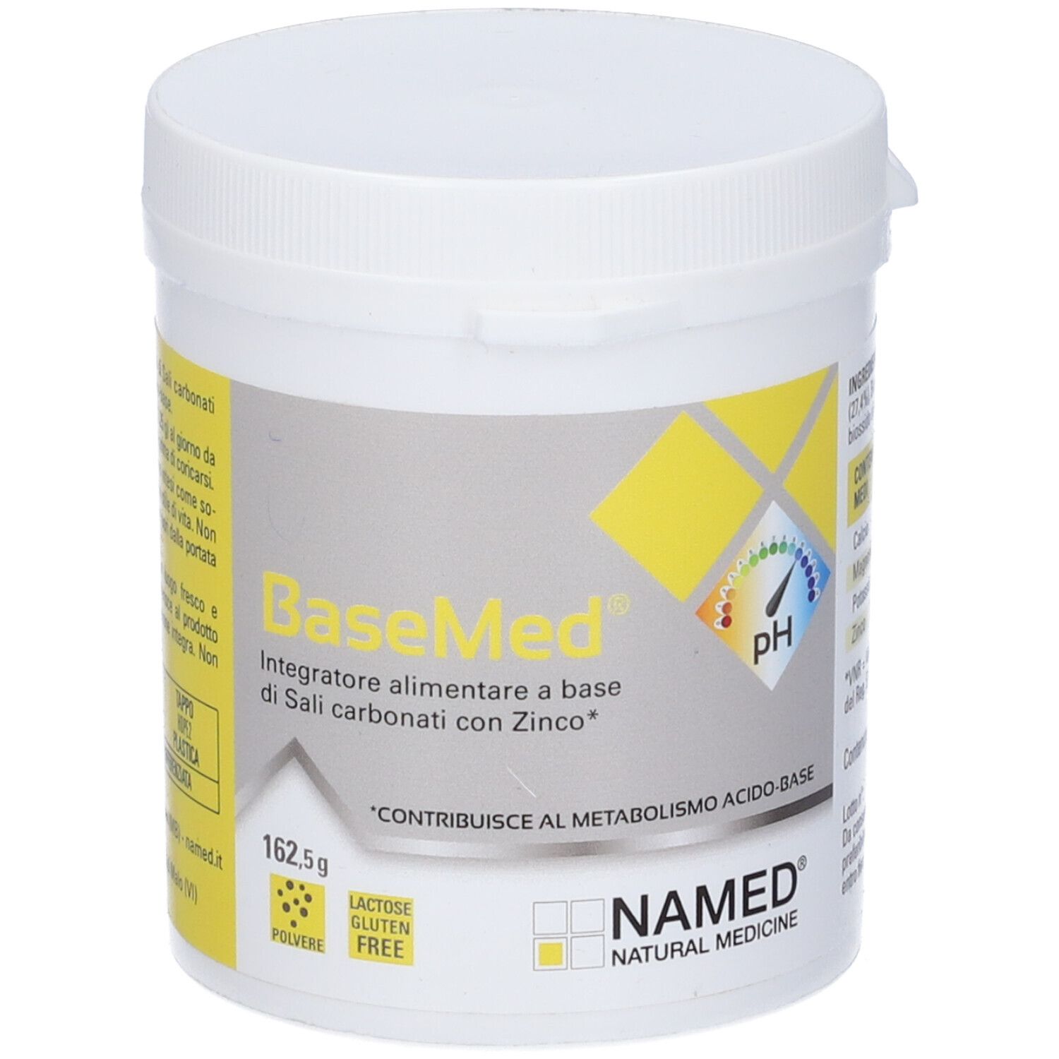 Récipient blanc avec "BaseMed". Complément alimentaire en poudre. Logo "NAMED" en bas à droite.