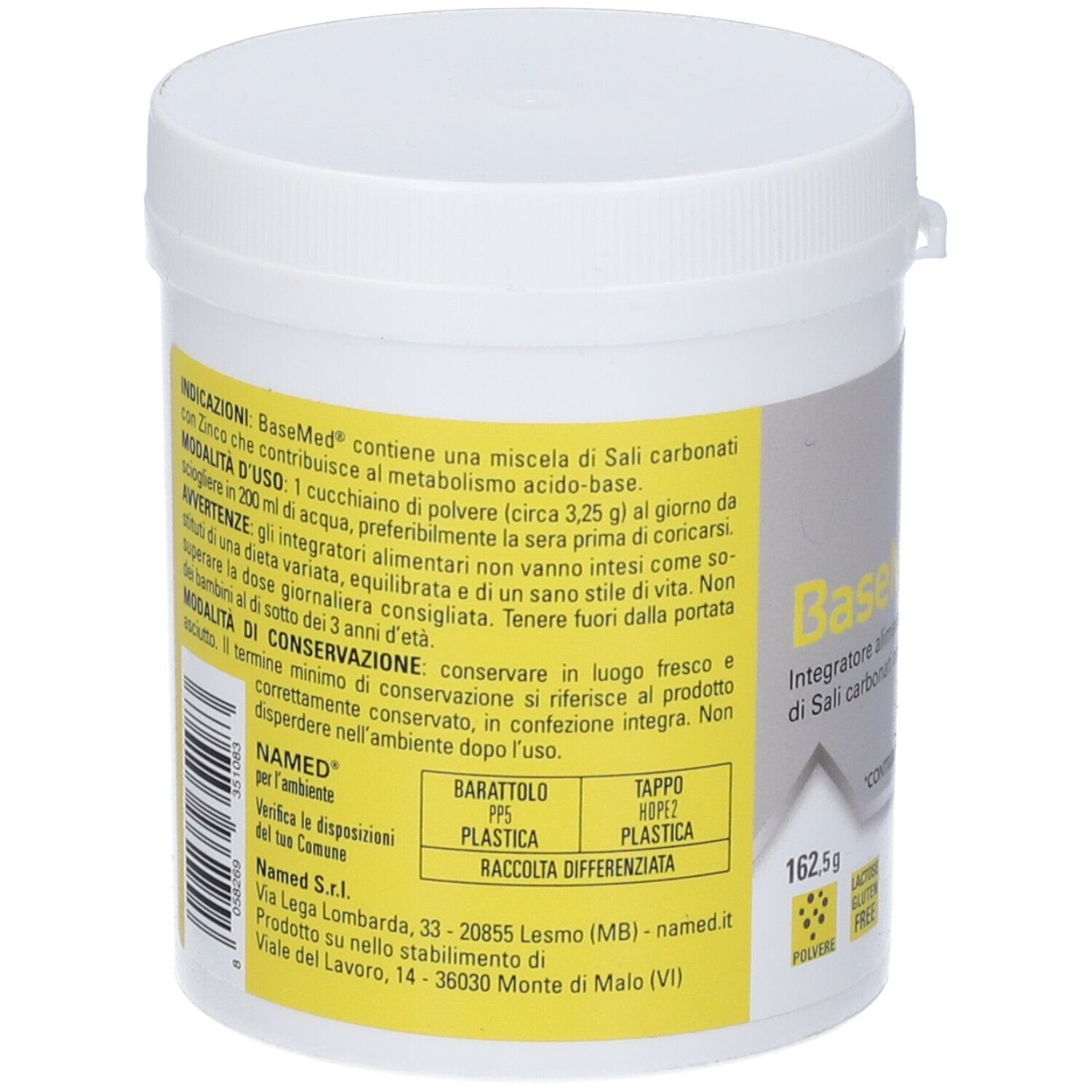 Dos du récipient blanc. Informations textuelles, dont le logo "NAMED" et les instructions d'élimination.