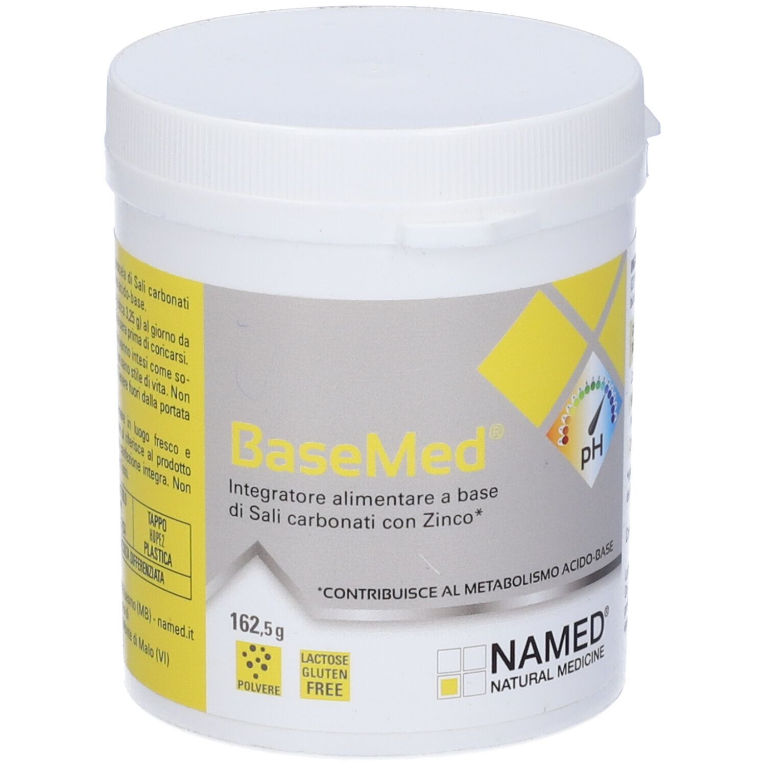 Récipient blanc avec "BaseMed". Complément alimentaire en poudre. Logo "NAMED" en bas à droite.