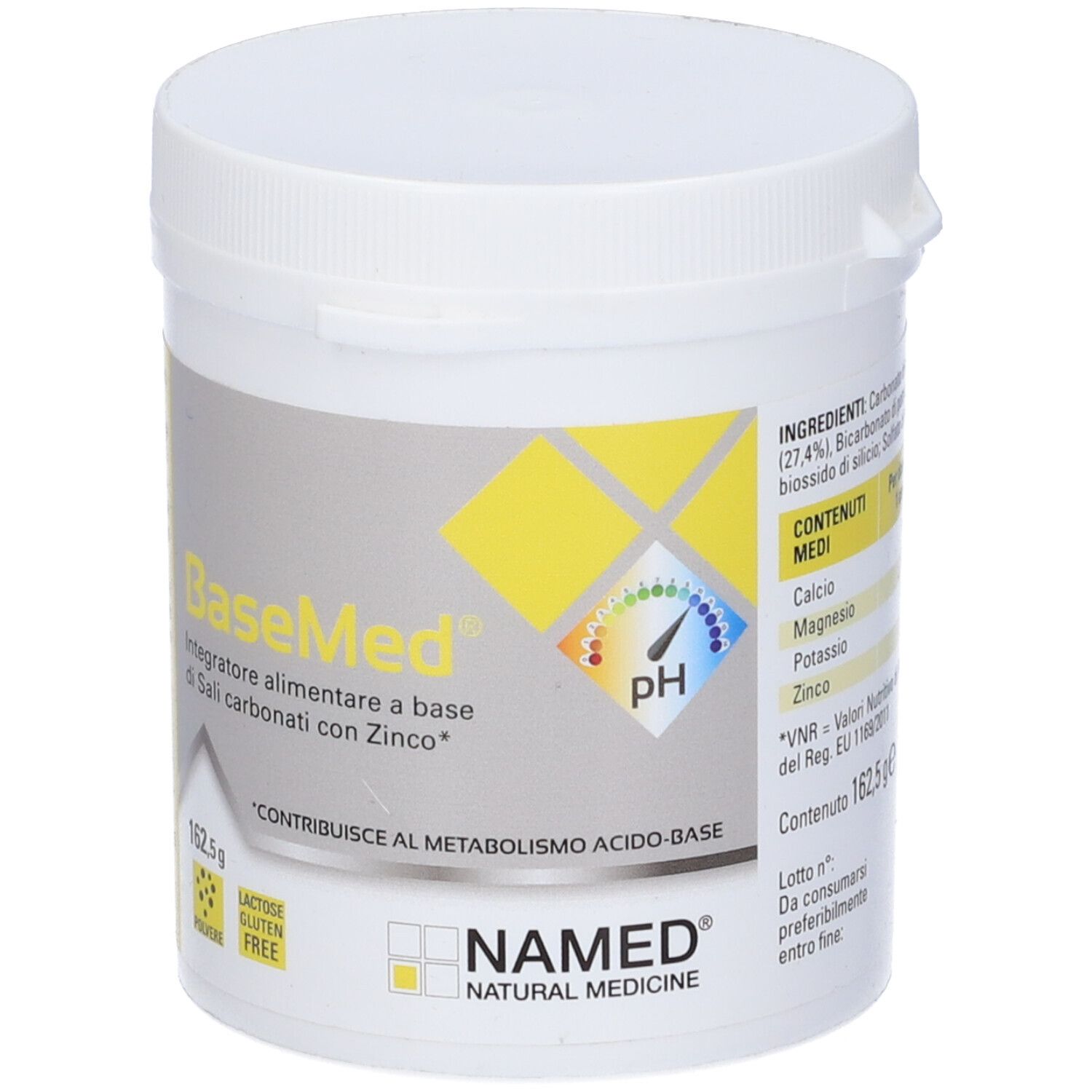 Récipient blanc avec "BaseMed". Complément alimentaire en poudre. Logo "NAMED" en bas à droite.