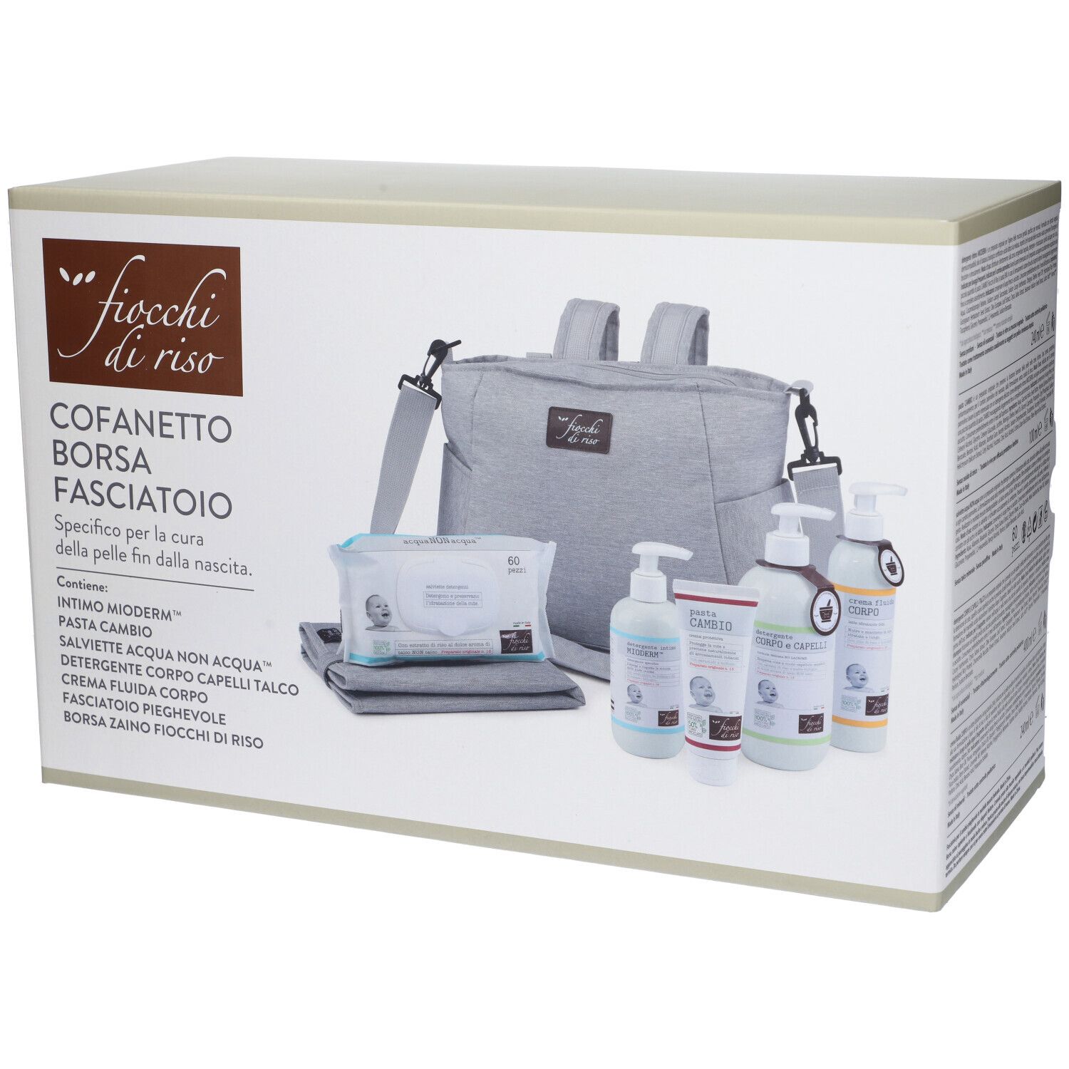 Confezione del prodotto con borsa, fasciatoio e prodotti per la cura.