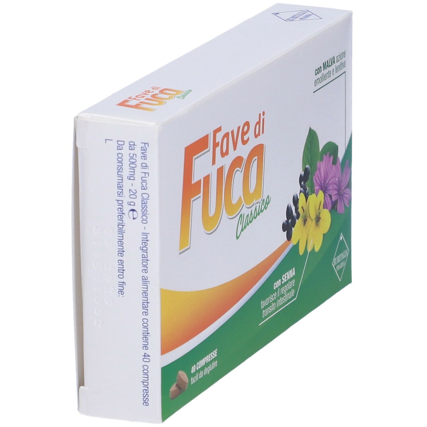 Scatola con nome del prodotto e illustrazioni floreali. Contiene 40 compresse. Marchio: EURITALIA PHARMA.