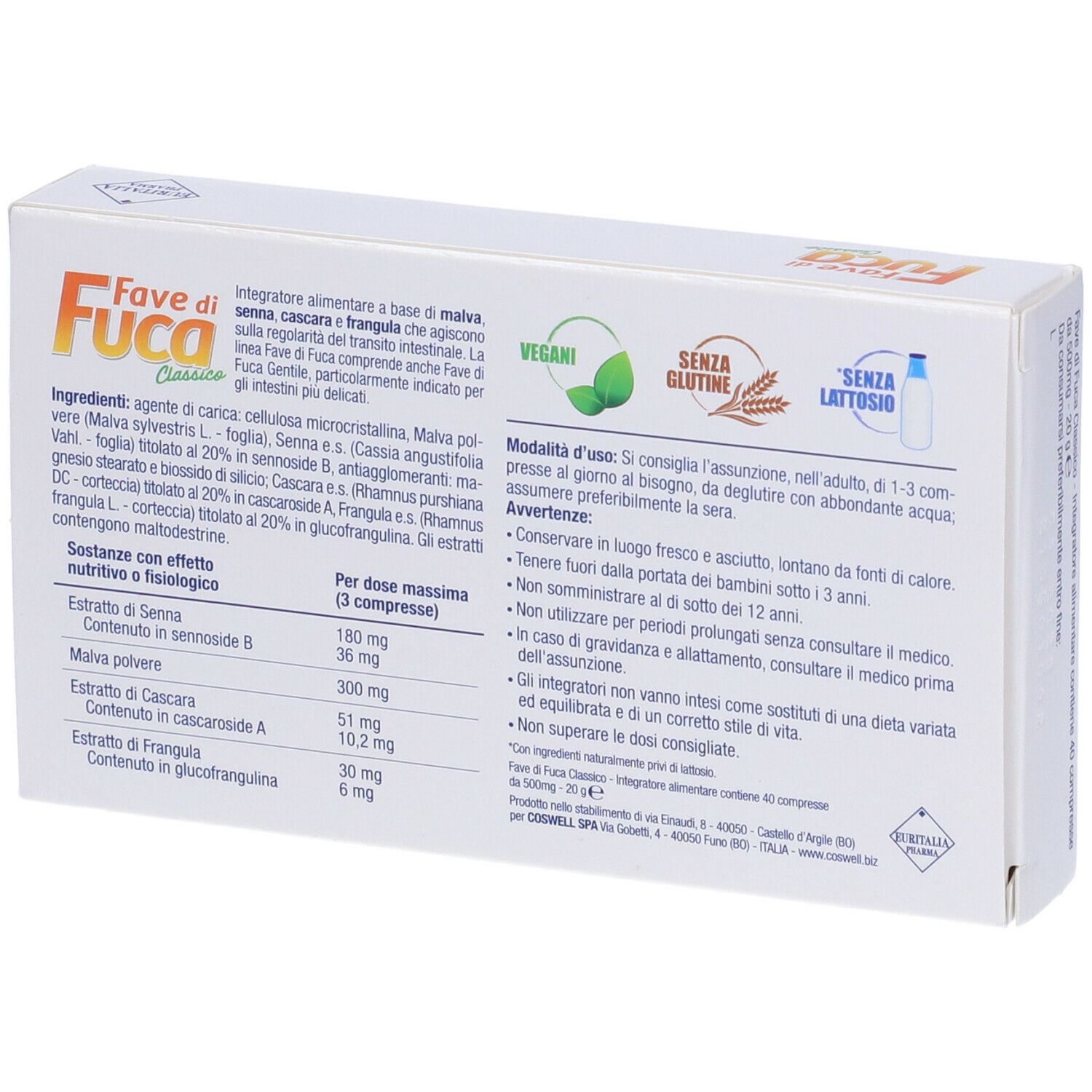 Confezione del prodotto con informazioni sugli ingredienti, certificazioni e avvertenze. Marchio: EURITALIA PHARMA.