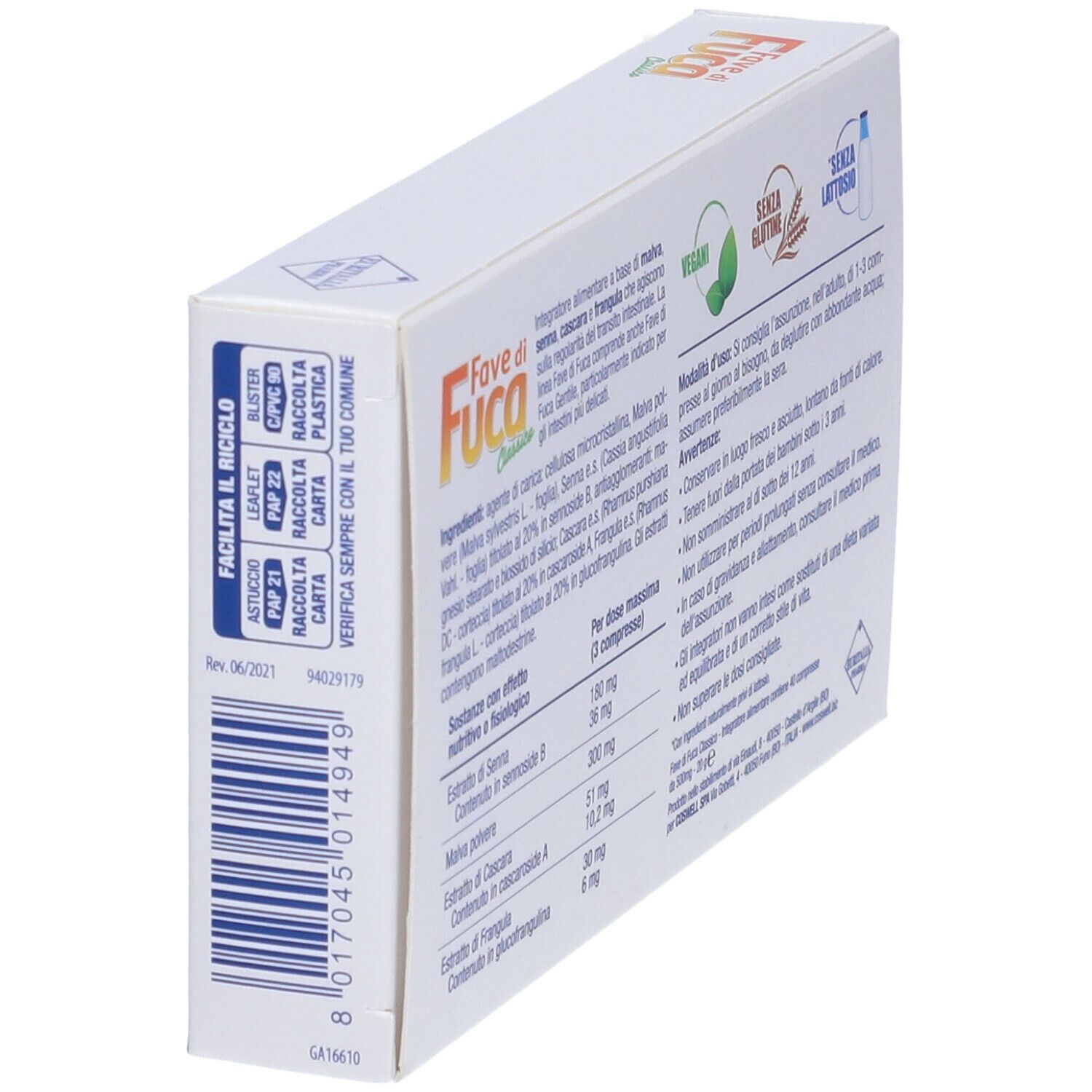 Confezione del prodotto con informazioni sugli ingredienti, certificazioni e avvertenze. Marchio: EURITALIA PHARMA.