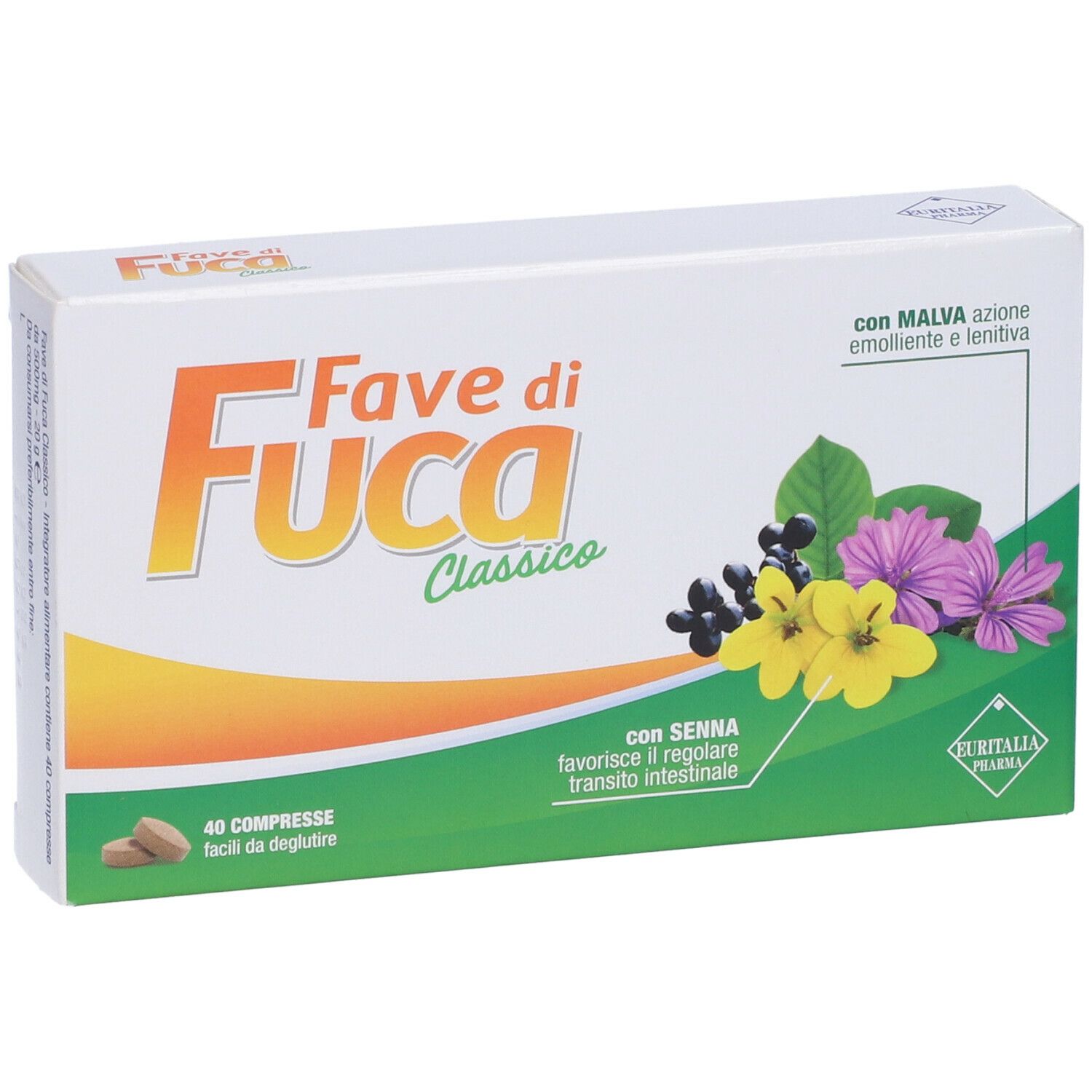 Scatola con nome del prodotto e illustrazioni floreali. Contiene 40 compresse. Marchio: EURITALIA PHARMA.