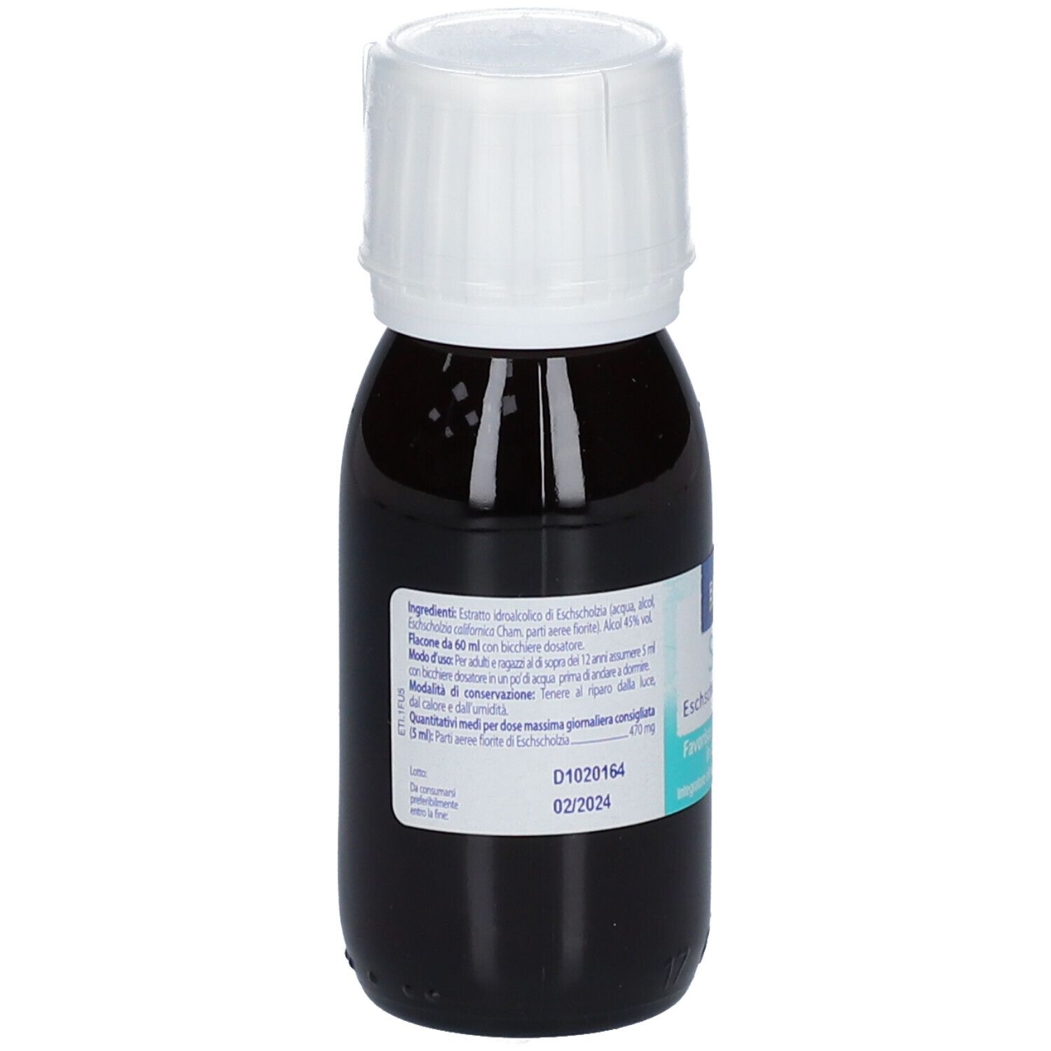 Rückansicht einer Flasche mit brauner Flüssigkeit und weißem Verschluss. Etikett mit Inhaltsstoffen und Verfallsdatum.