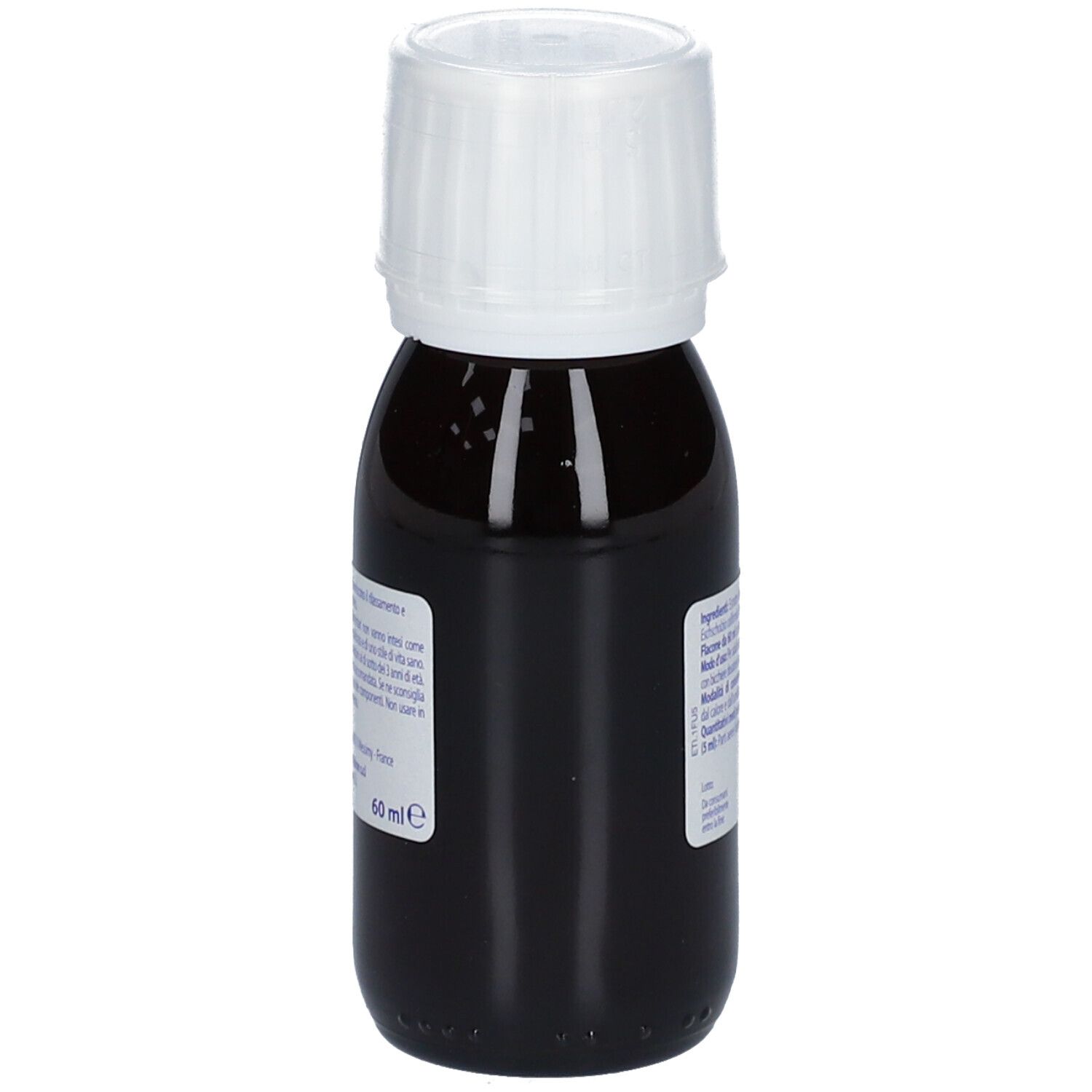 Seitenansicht einer Flasche mit brauner Flüssigkeit und weißem Verschluss. Auf dem Etikett steht "60 ml e".