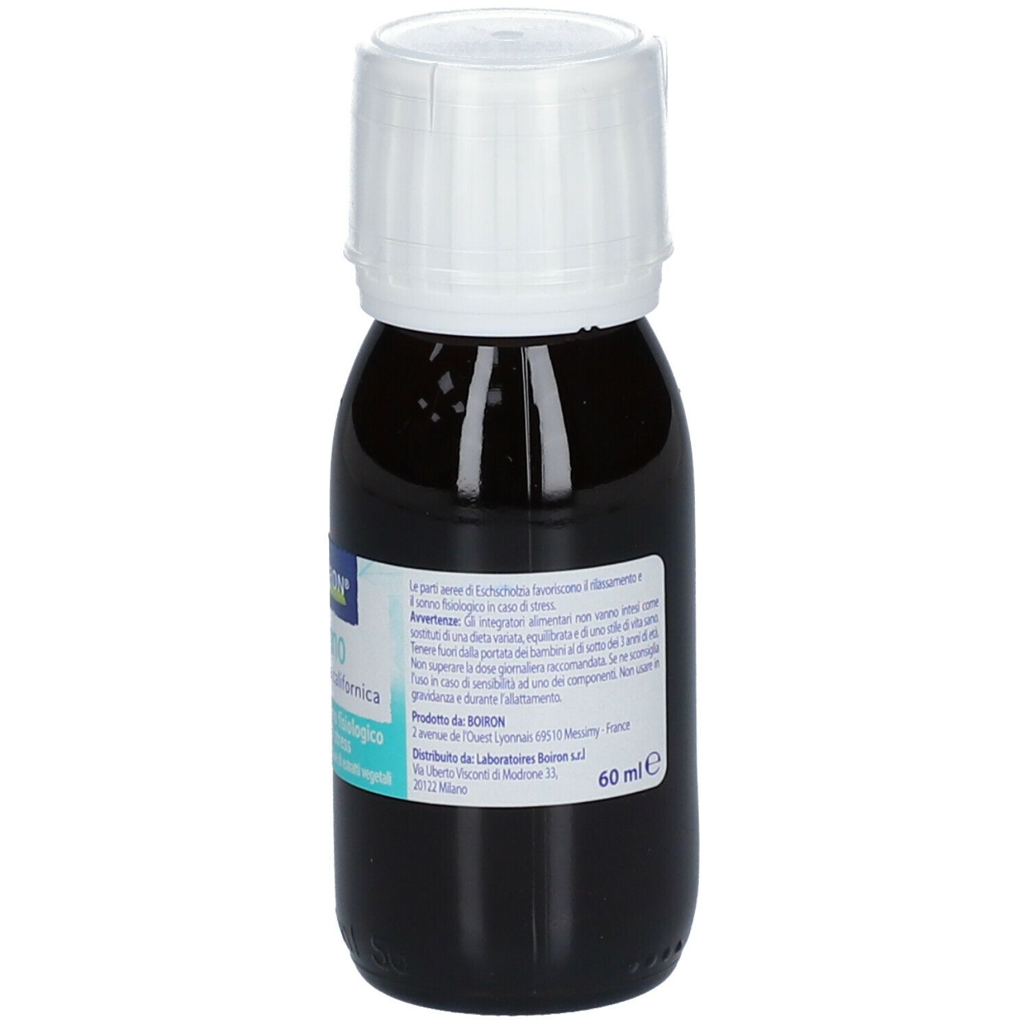 Rückansicht einer Flasche mit brauner Flüssigkeit und weißem Verschluss. Etikett mit Produktinformationen und Herstelleradresse.