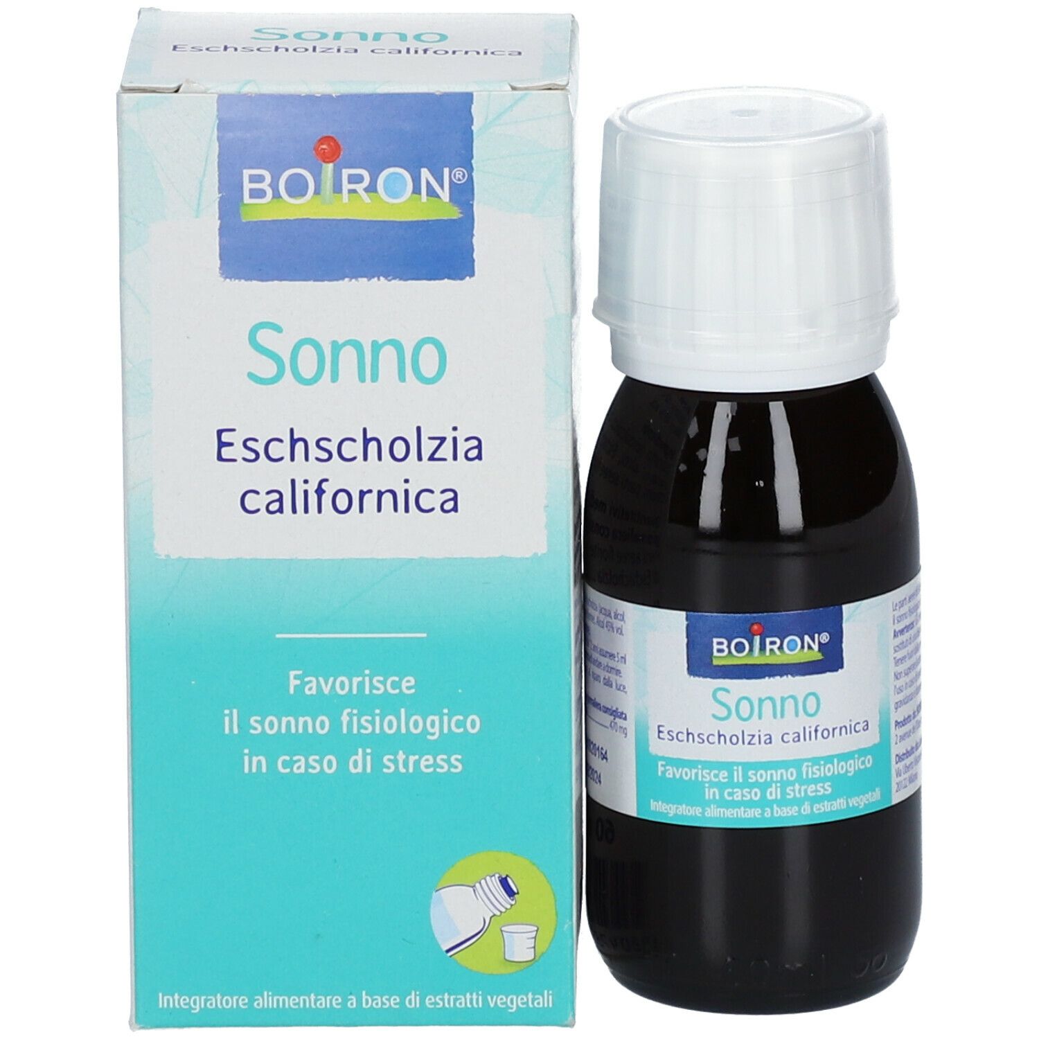 Produktverpackung und Flasche. Auf der Verpackung steht "Sonno Eschscholzia californica". Flasche mit brauner Flüssigkeit.