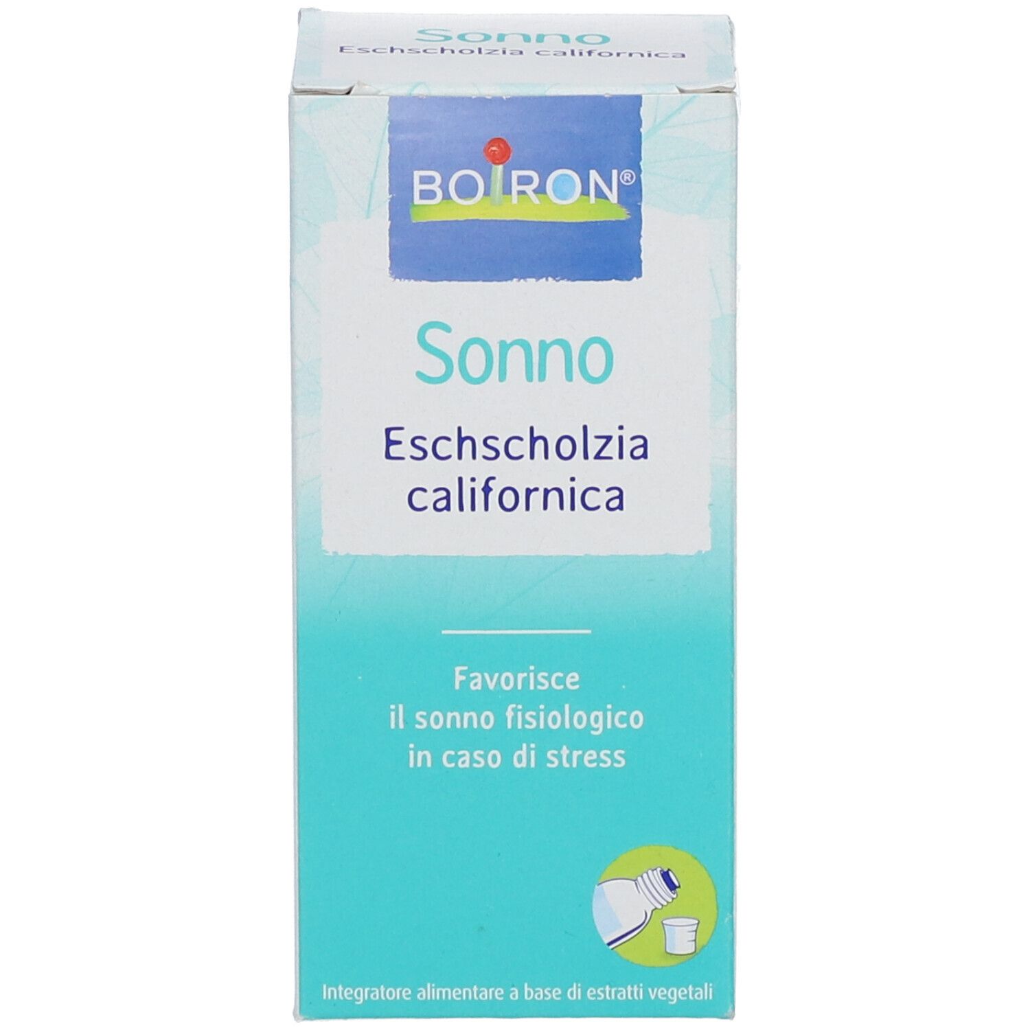 Produktverpackung mit der Aufschrift "Sonno Eschscholzia californica". Abbildung einer Flasche und eines Messbechers.