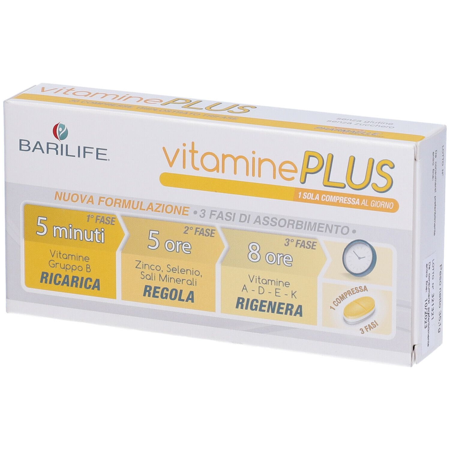 Scatola bianca Barilife Vitamine Plus. Accenti gialli. Testo: Vitamine Plus, 3 fasi di assorbimento, 1 compressa al giorno.