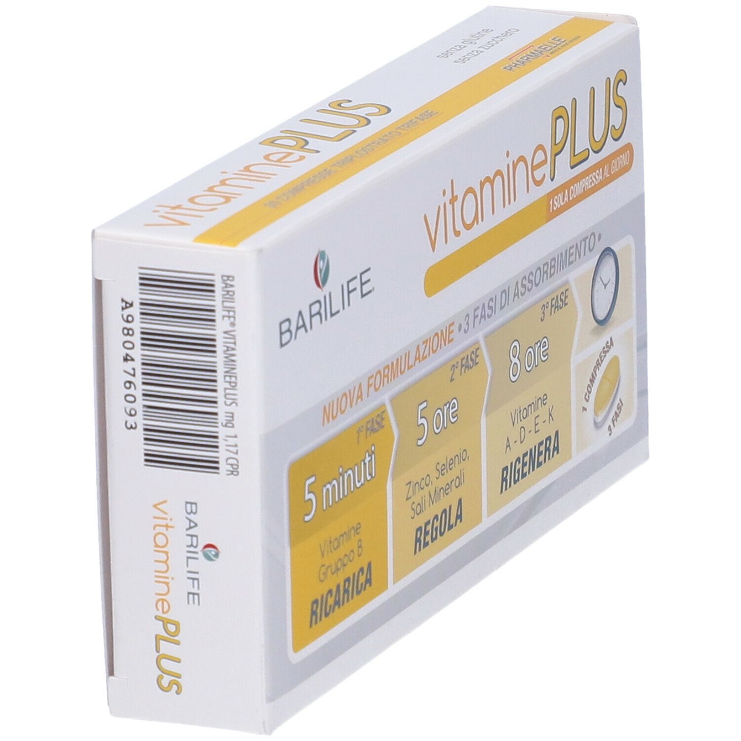 Scatola bianca Barilife Vitamine Plus. Accenti gialli. Testo: Vitamine Plus, 3 fasi di assorbimento, 1 compressa al giorno.