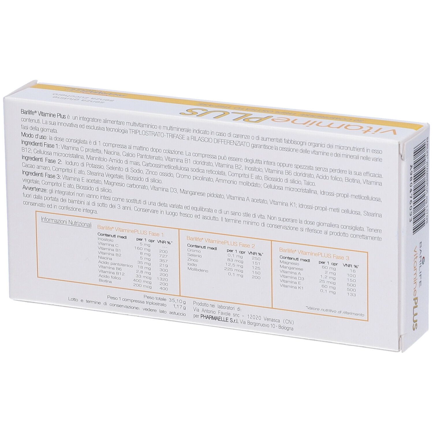 Retro della scatola bianca Barilife Vitamine Plus. Testo: Ingredienti, informazioni nutrizionali, informazioni produttore.