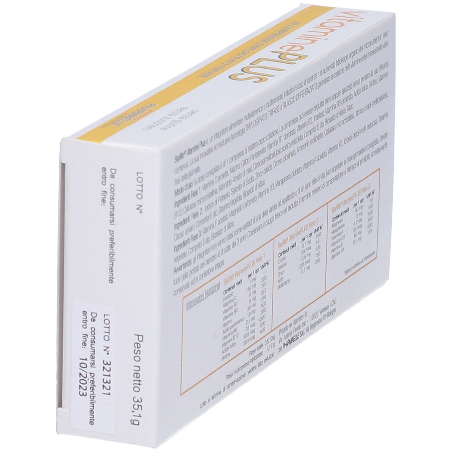 Vista obliqua della scatola bianca Barilife Vitamine Plus. Testo: Scadenza, peso netto 35,1g.