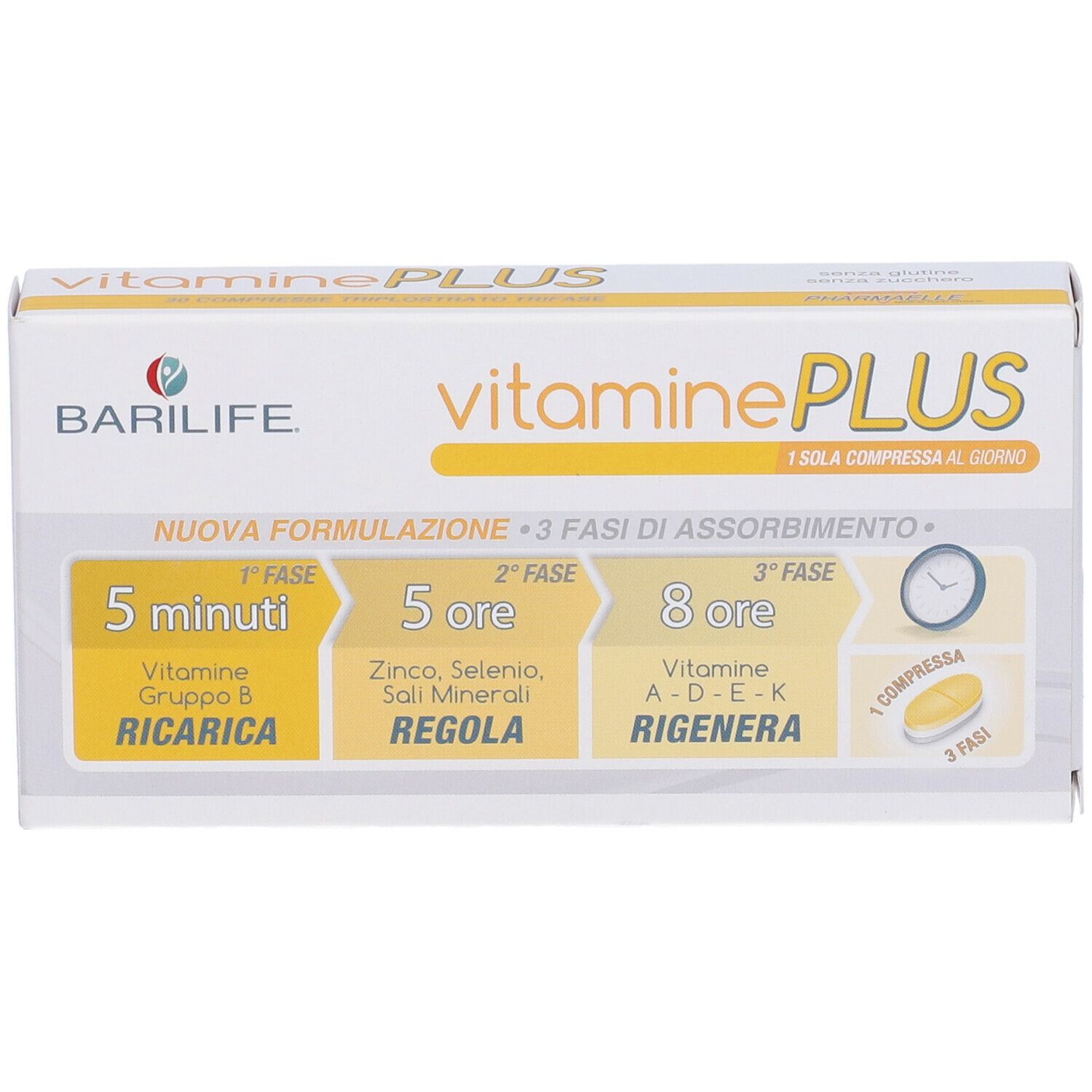 Scatola bianca Barilife Vitamine Plus. Accenti gialli. Testo: Vitamine Plus, 3 fasi di assorbimento, 1 compressa al giorno.