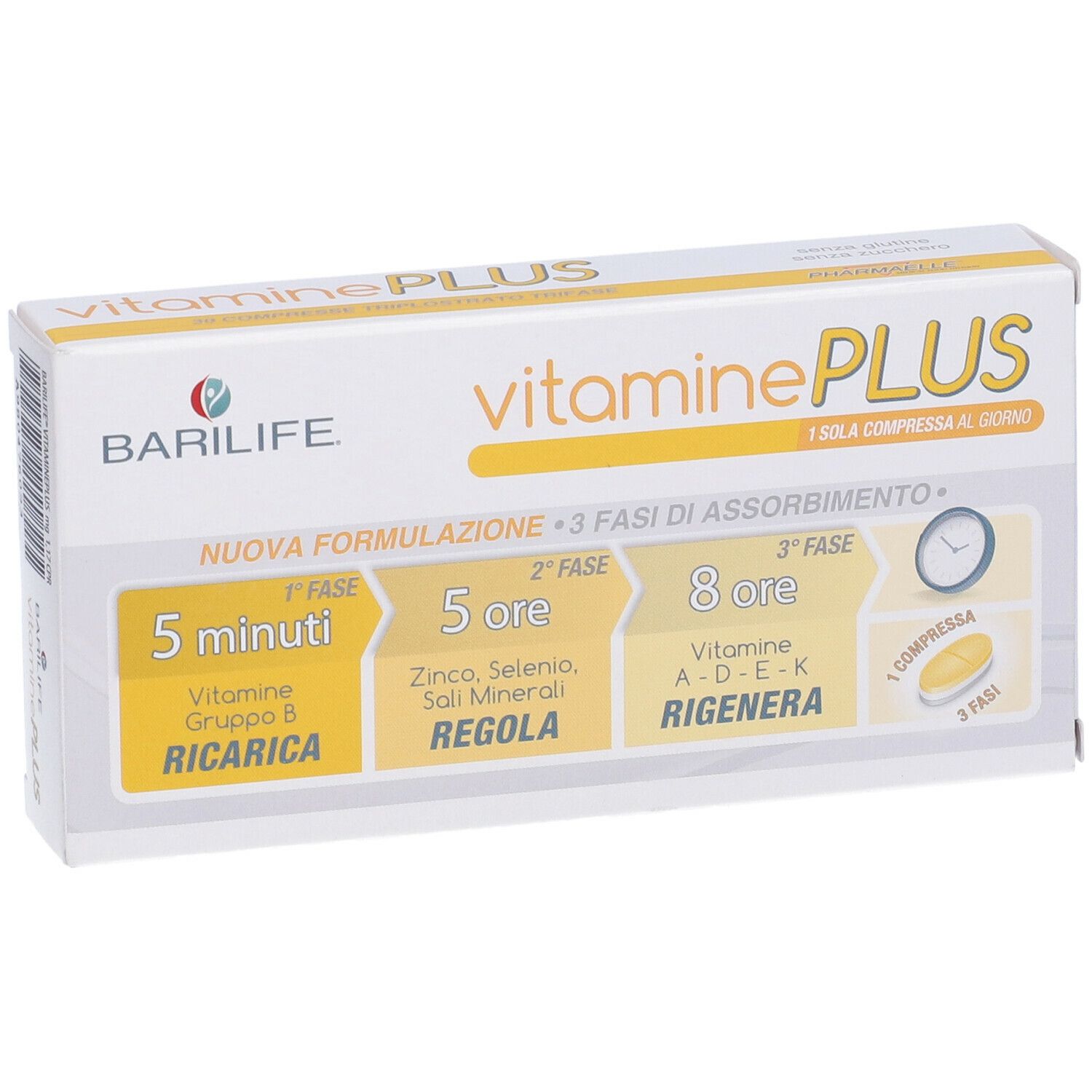 Scatola bianca Barilife Vitamine Plus. Accenti gialli. Testo: Vitamine Plus, 3 fasi di assorbimento, 1 compressa al giorno.