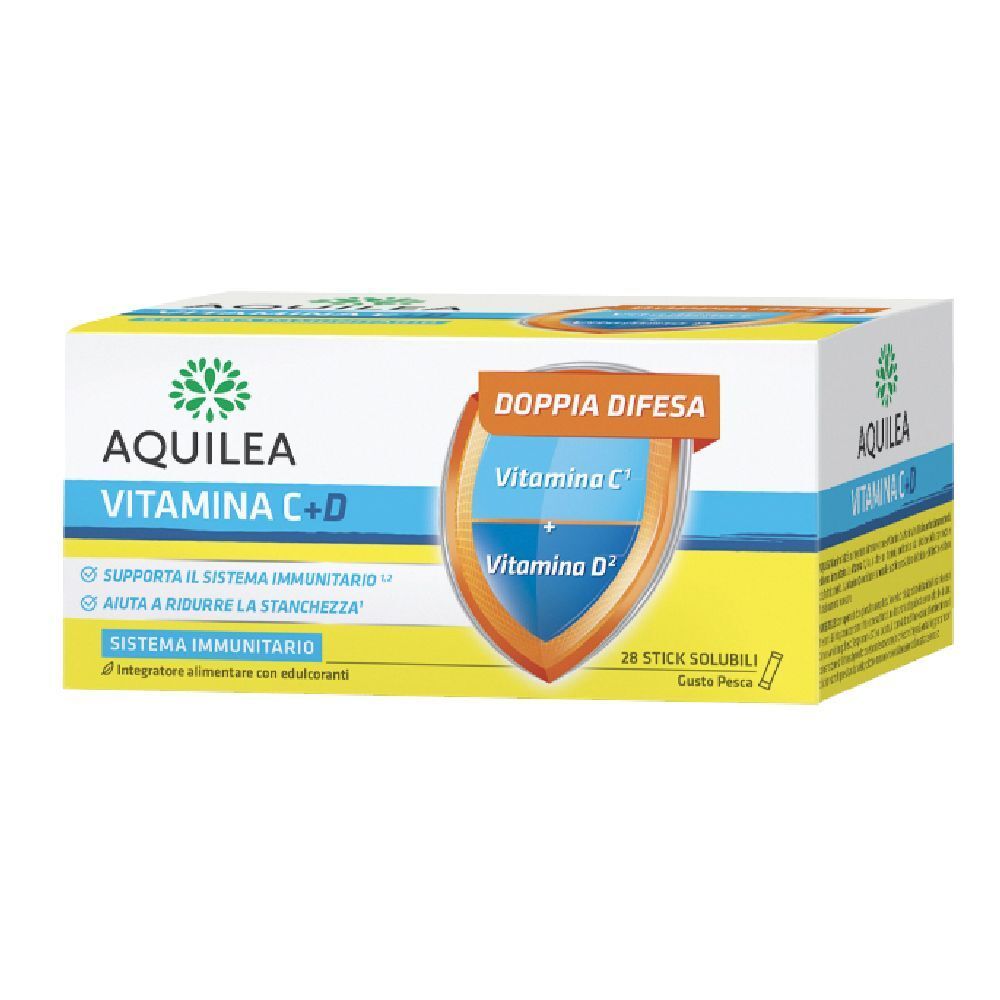 Confezione AQUILEA Vitamina C+D. Scatola gialla con nome e dettagli. 28 stick solubili.