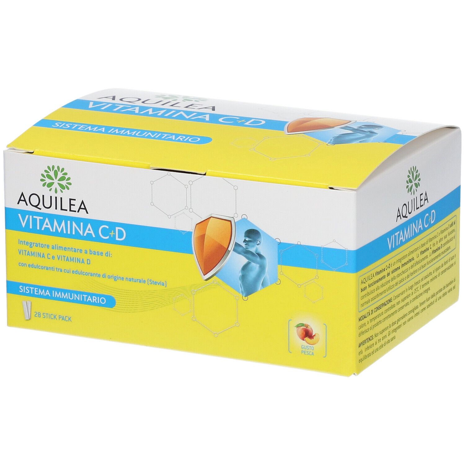 Confezione AQUILEA Vitamina C+D. Scatola gialla con nome e illustrazione. 28 stick.