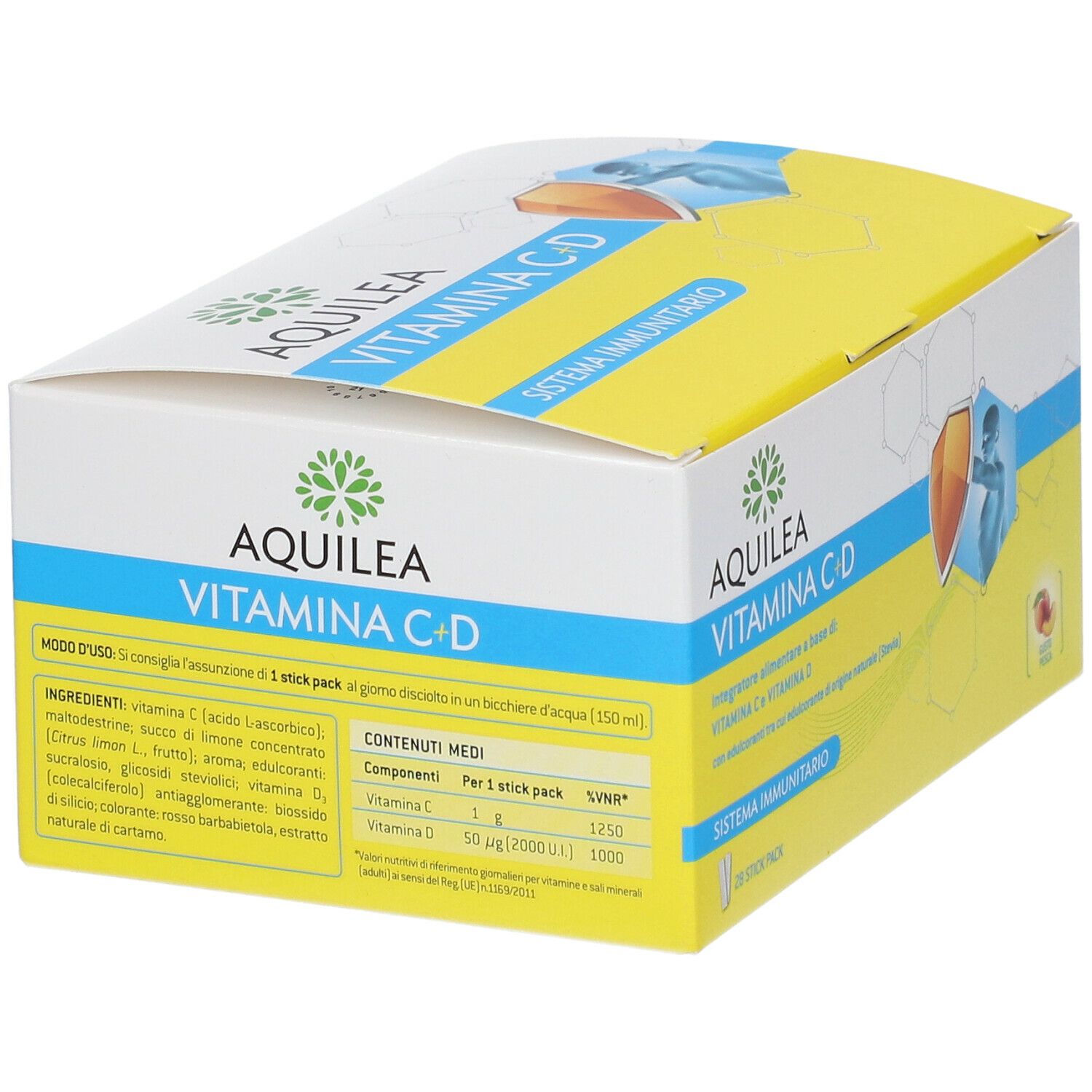 Confezione AQUILEA Vitamina C+D. Scatola gialla con nome e dettagli. 28 stick.