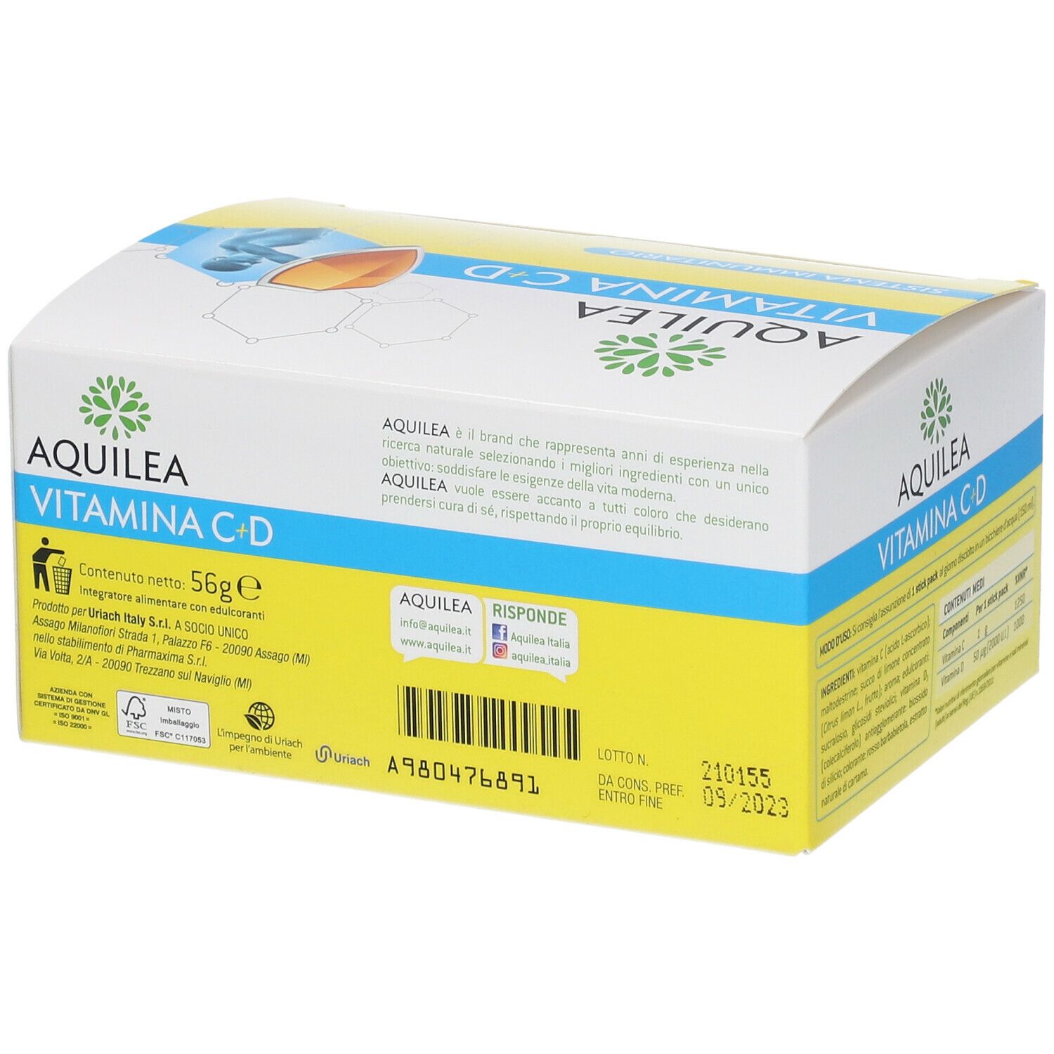 Confezione AQUILEA Vitamina C+D. Scatola gialla con nome e dettagli. 56g.