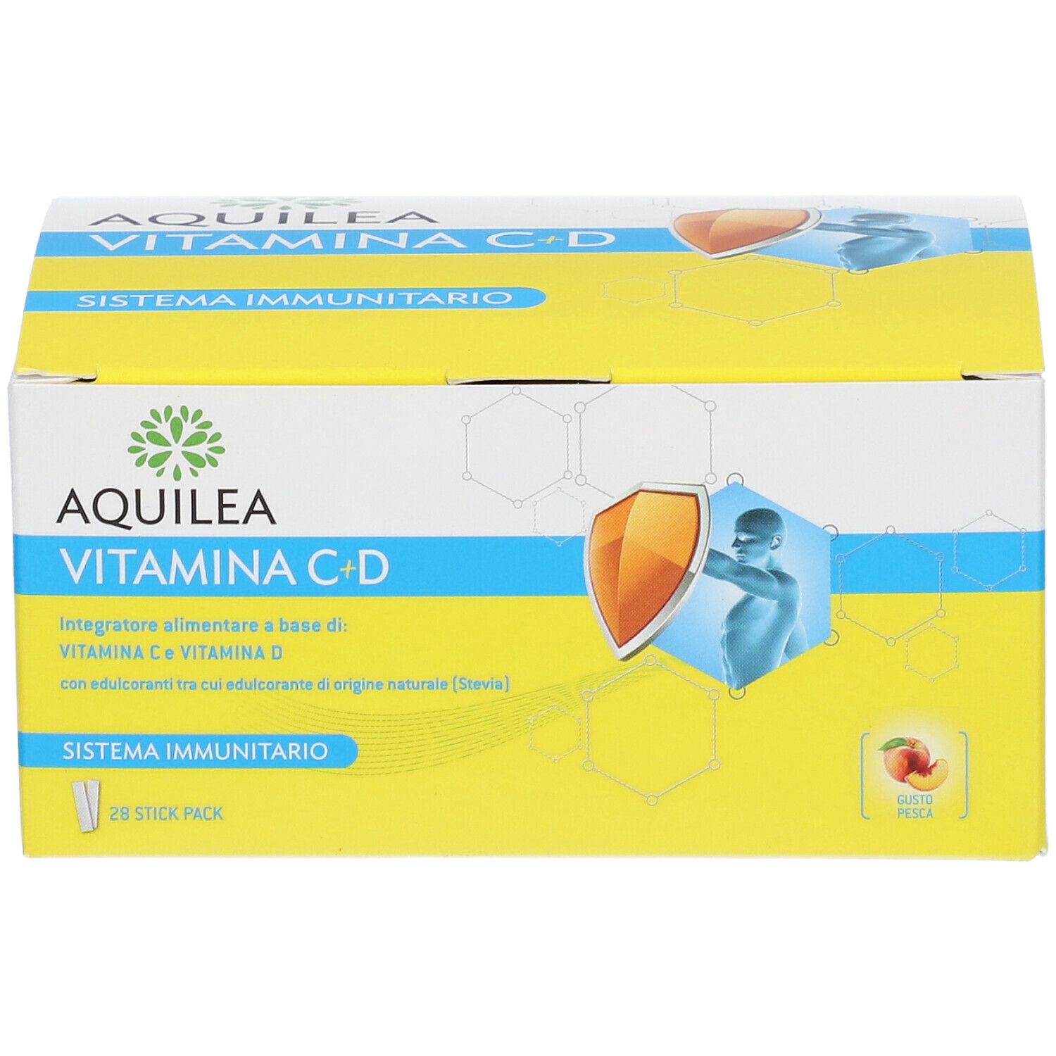 Confezione AQUILEA Vitamina C+D. Scatola gialla con nome e illustrazione. 28 stick.