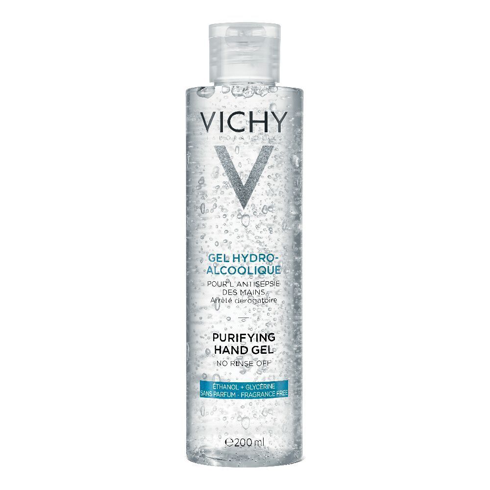 Transparente Flasche mit VICHY-Logo und Text. Enthält Gel Hydro-Alcoolique. Purifying Hand Gel. 200ml.