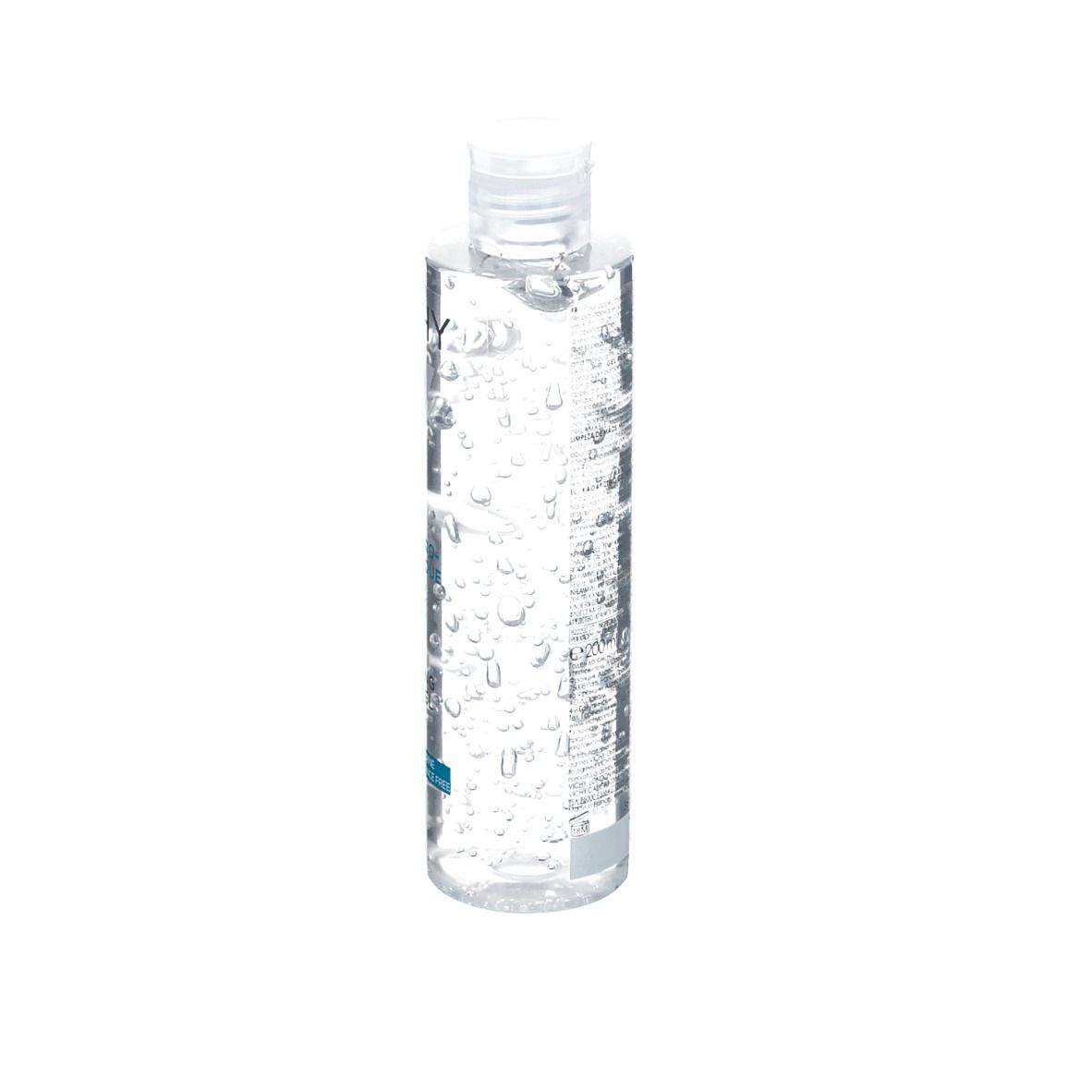 Transparente Flasche mit Text. Enthält Gel Hydro-Alcoolique. Purifying Hand Gel. 200ml. Rückseite mit Barcode.