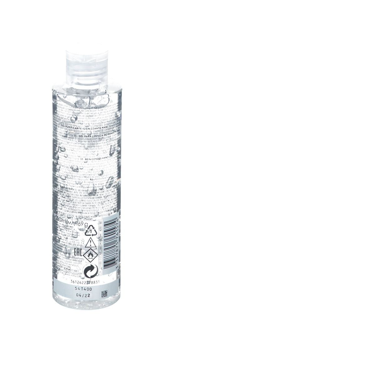 Transparente Flasche mit Text. Enthält Gel Hydro-Alcoolique. Purifying Hand Gel. 200ml. Rückseite mit Barcode.