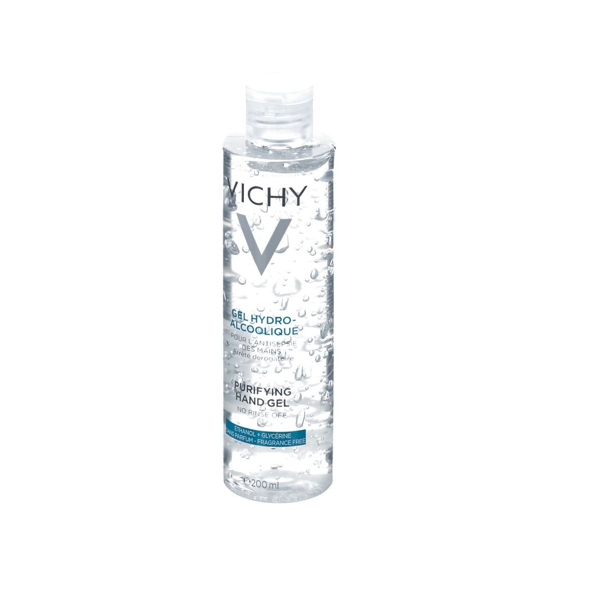 Transparente Flasche mit VICHY-Logo und Text. Enthält Gel Hydro-Alcoolique. Purifying Hand Gel. 200ml.