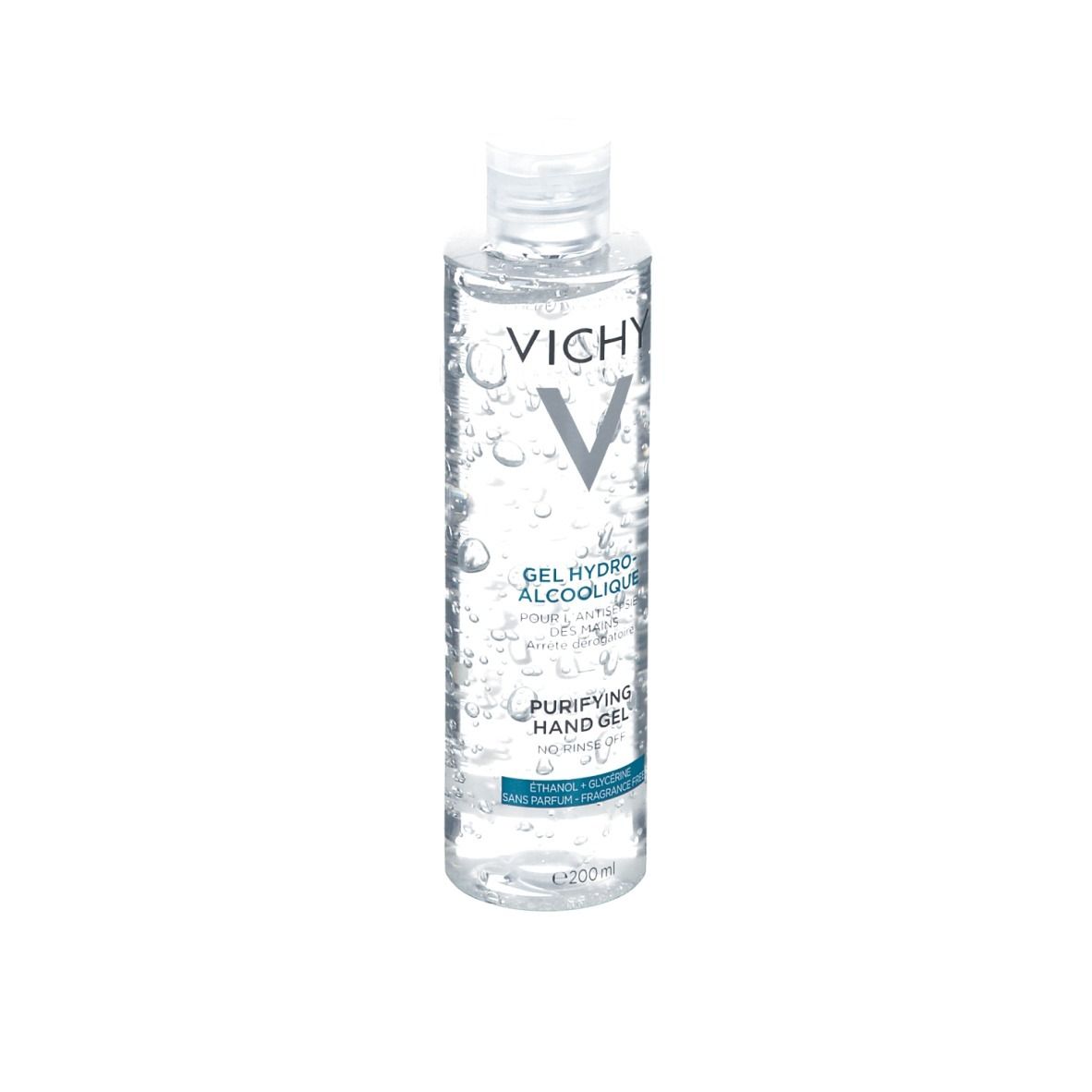 Transparente Flasche mit VICHY-Logo und Text. Enthält Gel Hydro-Alcoolique. Purifying Hand Gel. 200ml.