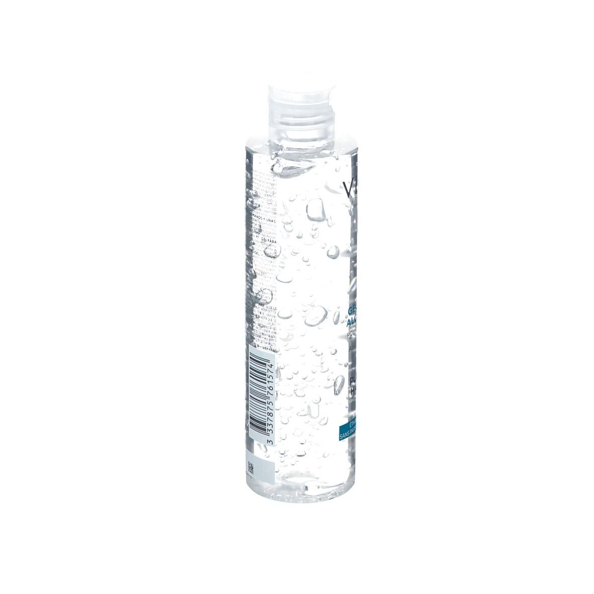 Transparente Flasche mit Text. Enthält Gel Hydro-Alcoolique. Purifying Hand Gel. 200ml. Rückseite mit Barcode.
