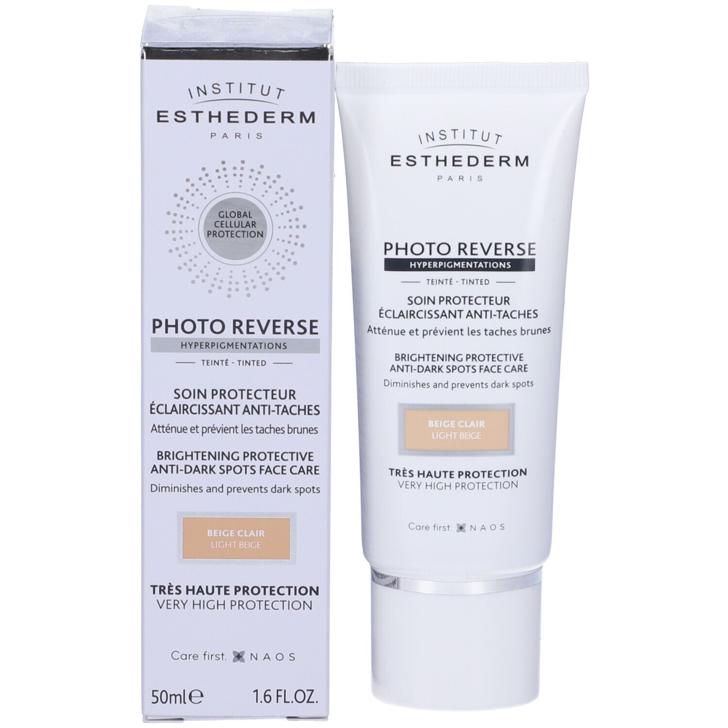 Produktverpackung mit Tube und Karton. Produktname: Photo Reverse. Farbton: Beige Clair. Marke: Institut Esthederm.