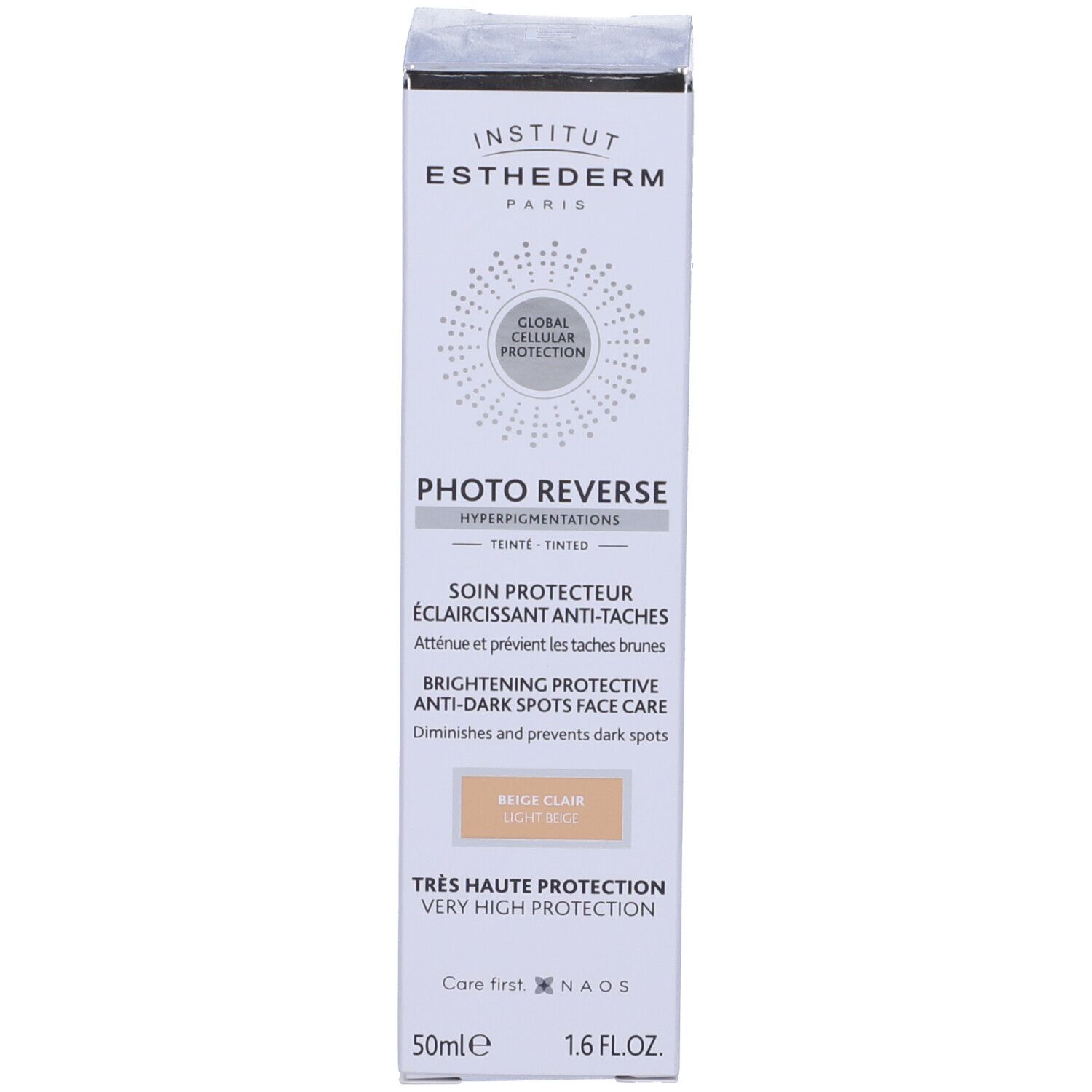 Produktverpackung, Karton. Produktname: Photo Reverse. Farbton: Beige Clair. Marke: Institut Esthederm.