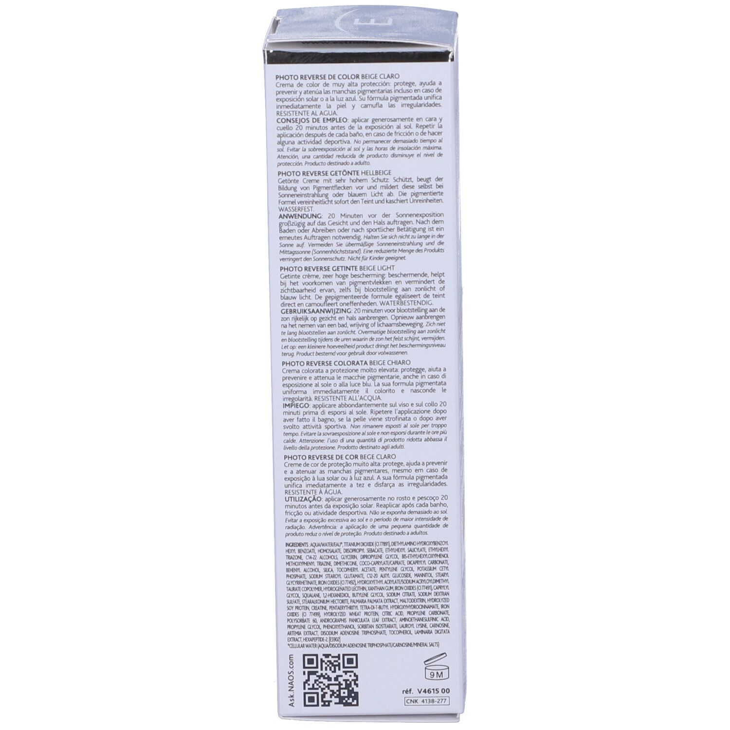 Rückseite der Produktverpackung. Text in mehreren Sprachen. Informationen zum Produkt.
