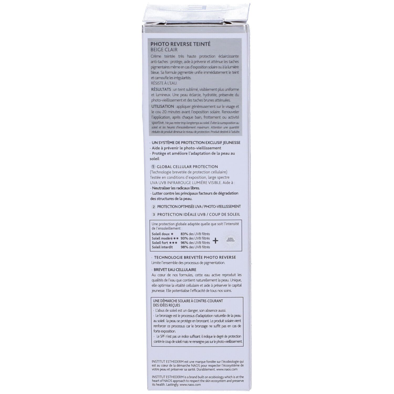 Seite der Produktverpackung. Text in mehreren Sprachen. Informationen zum Produkt.